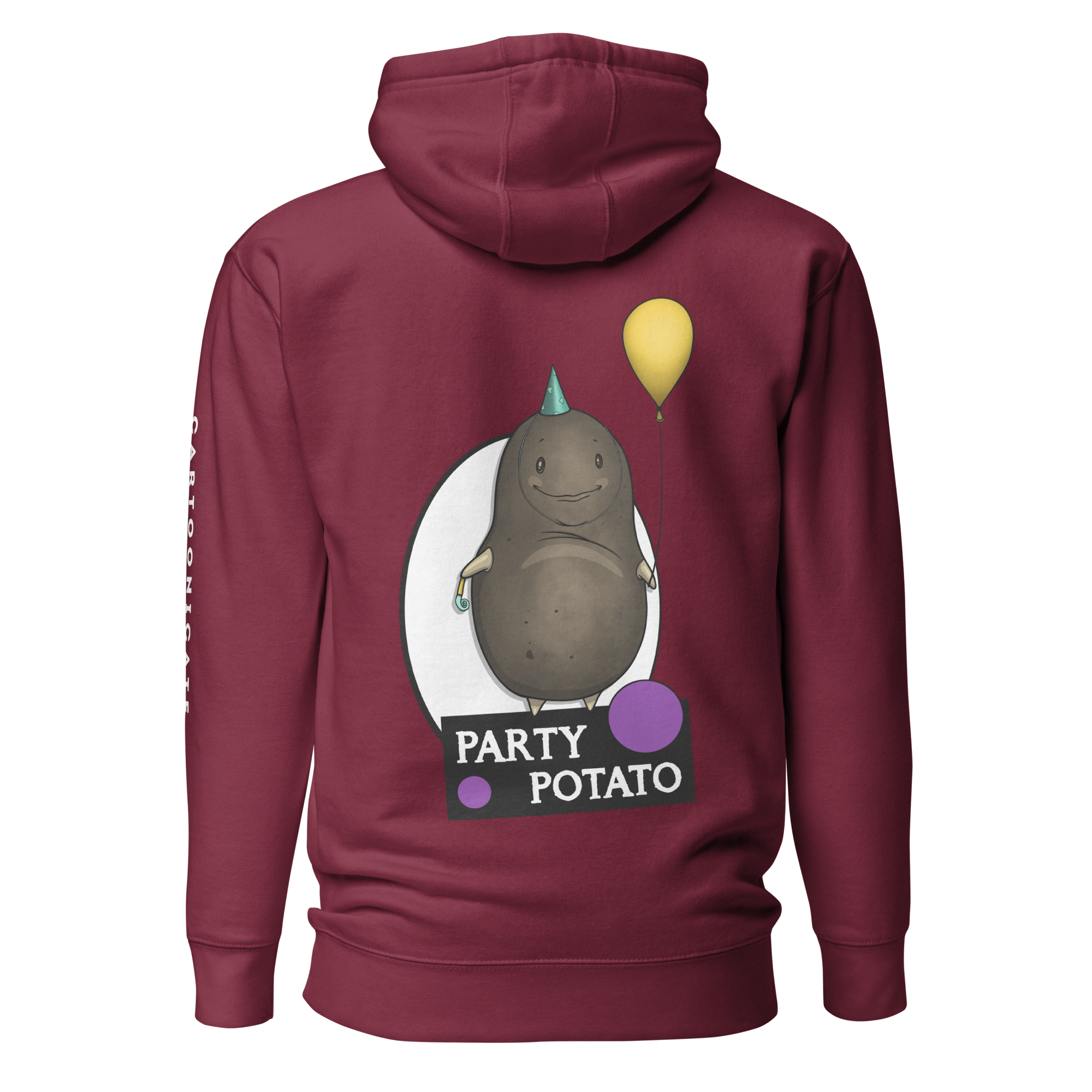 cartoon party potato on maroon hoodie