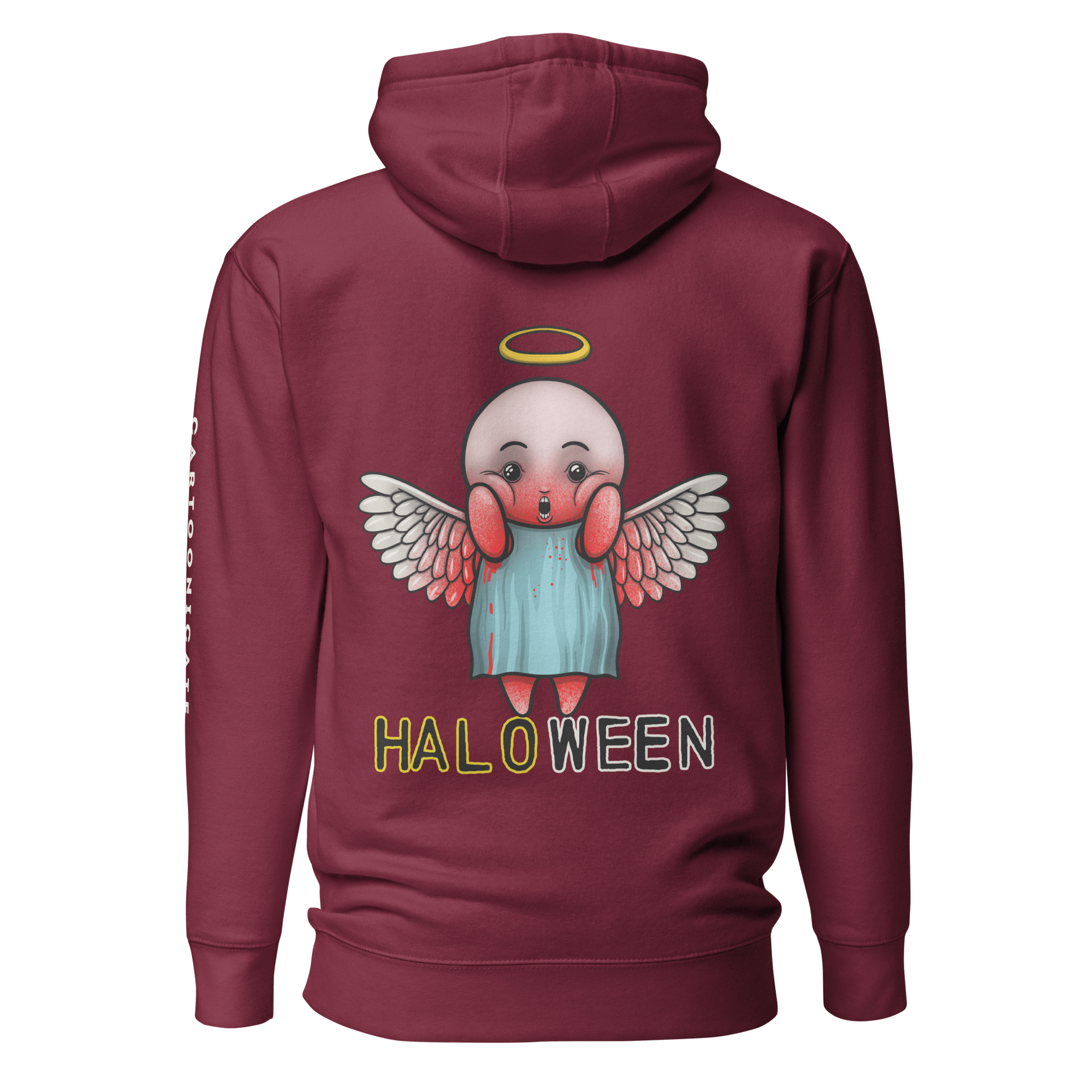 Cartoon Halloween angel on maroon hoodie