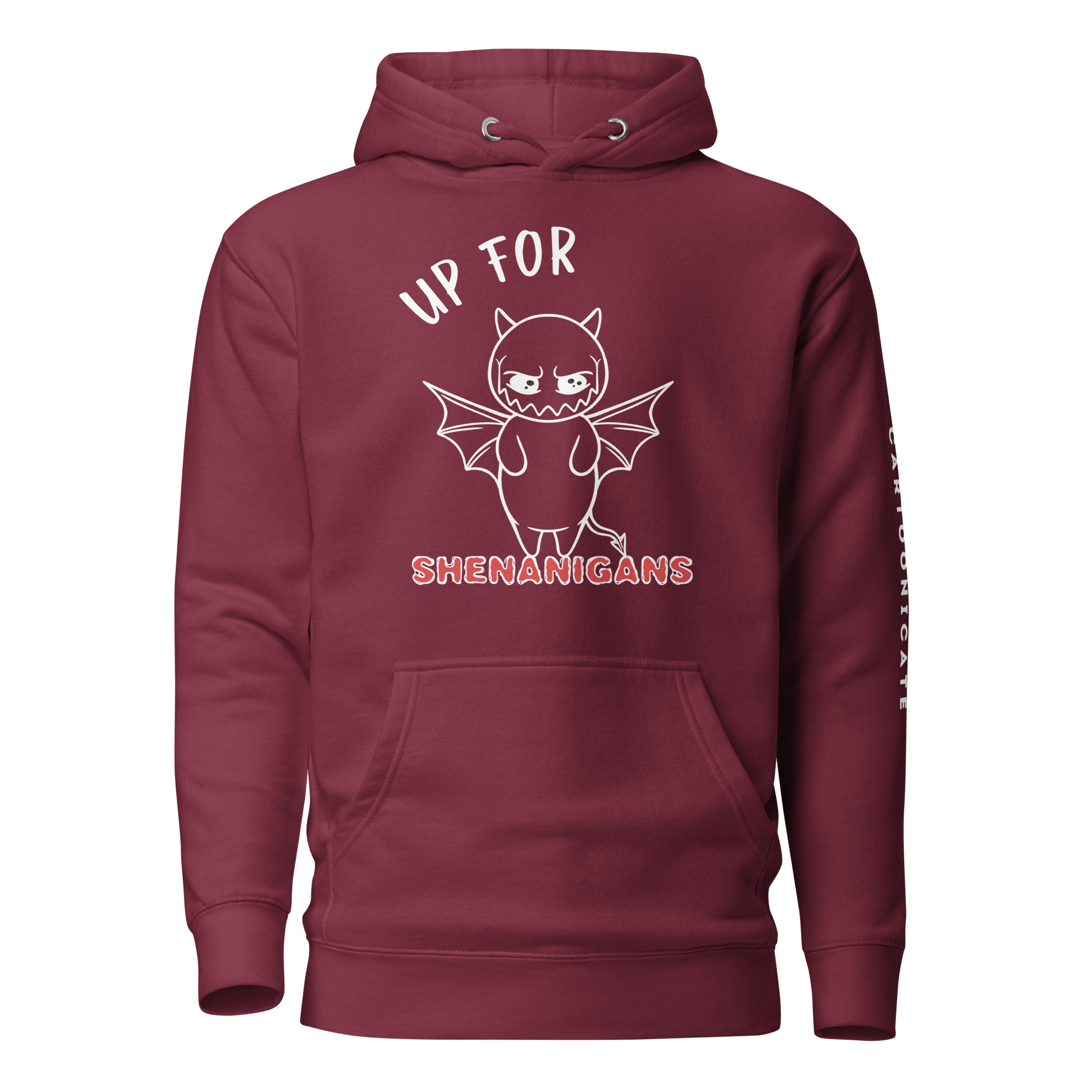 cute cartoon devil on maroon hoodie