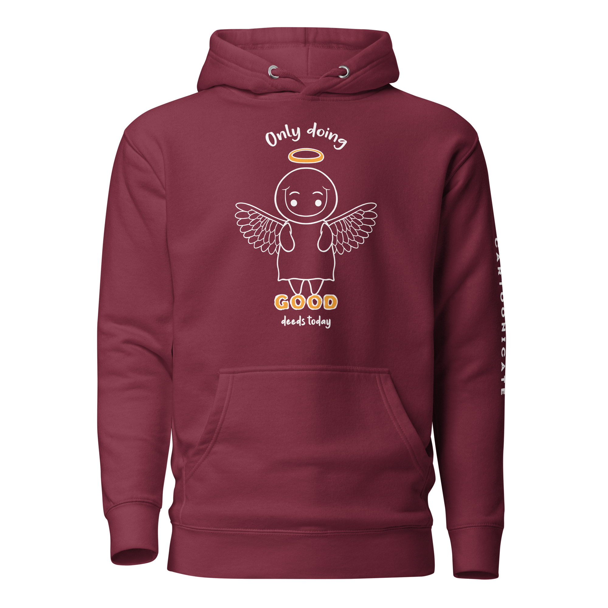 Cute angel in cartoon style on maroon hoodie