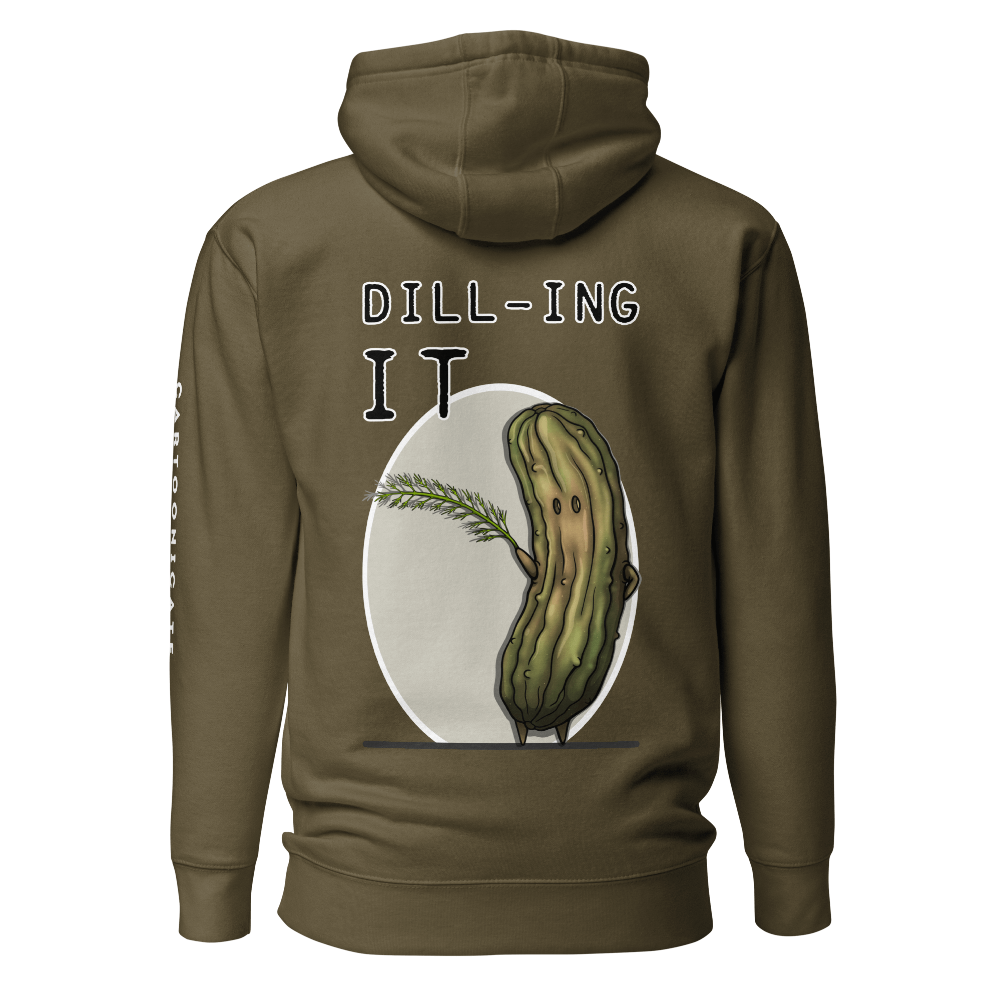 Dill-ing it drawing on military green hoodie