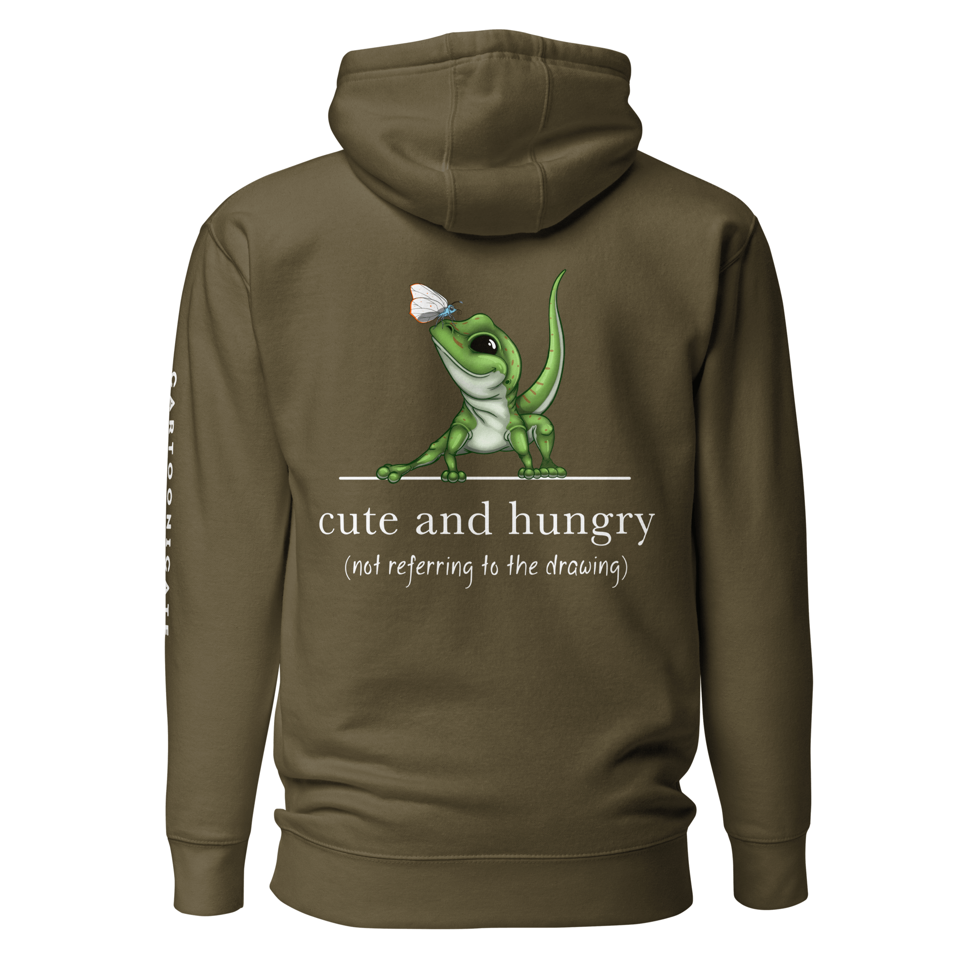 military green hoodie with cartoon gecko lizard and butterfly