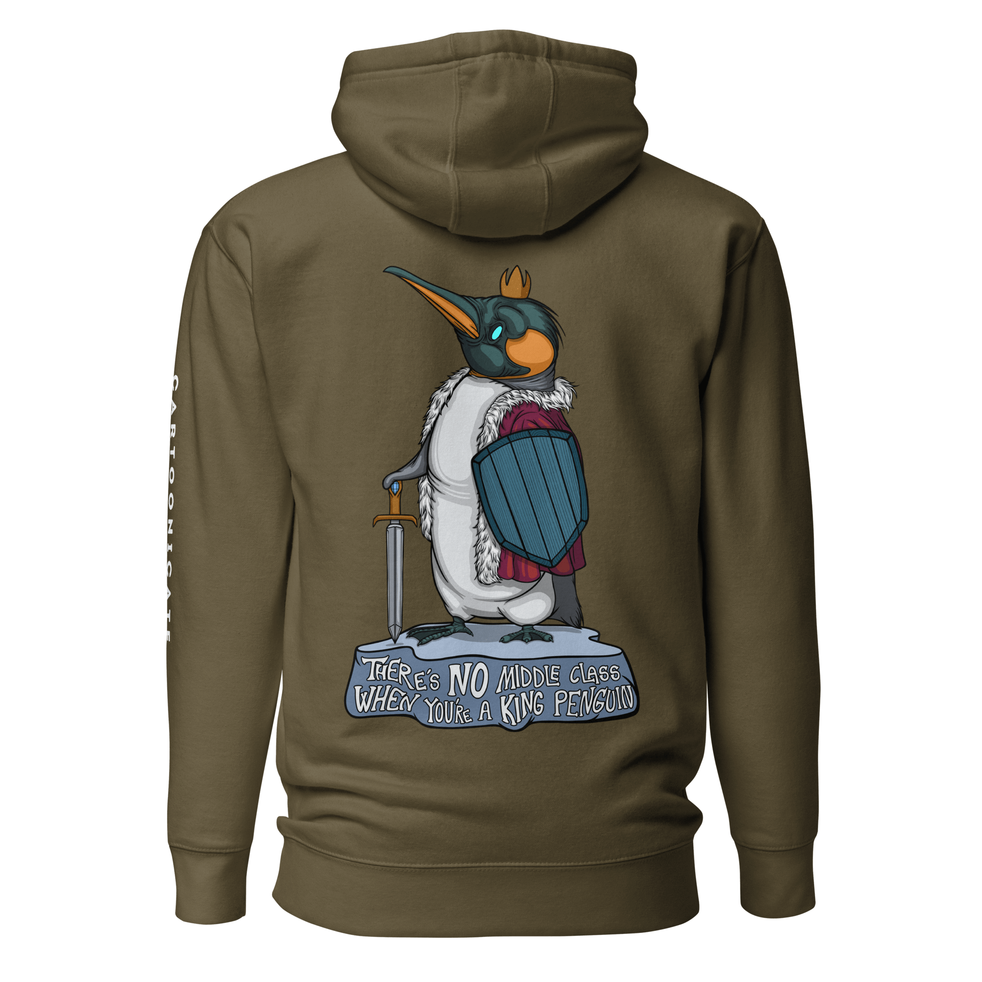 cute cartoon penguin drawing on military green hoodie