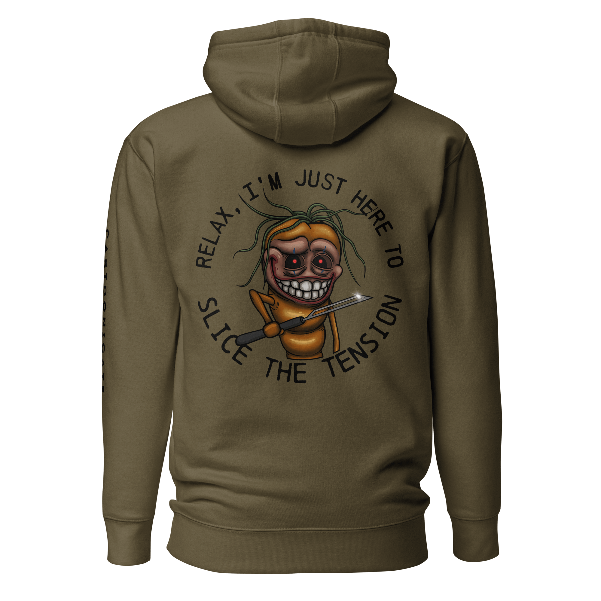 military green hoodie with scary halloween carrot drawing