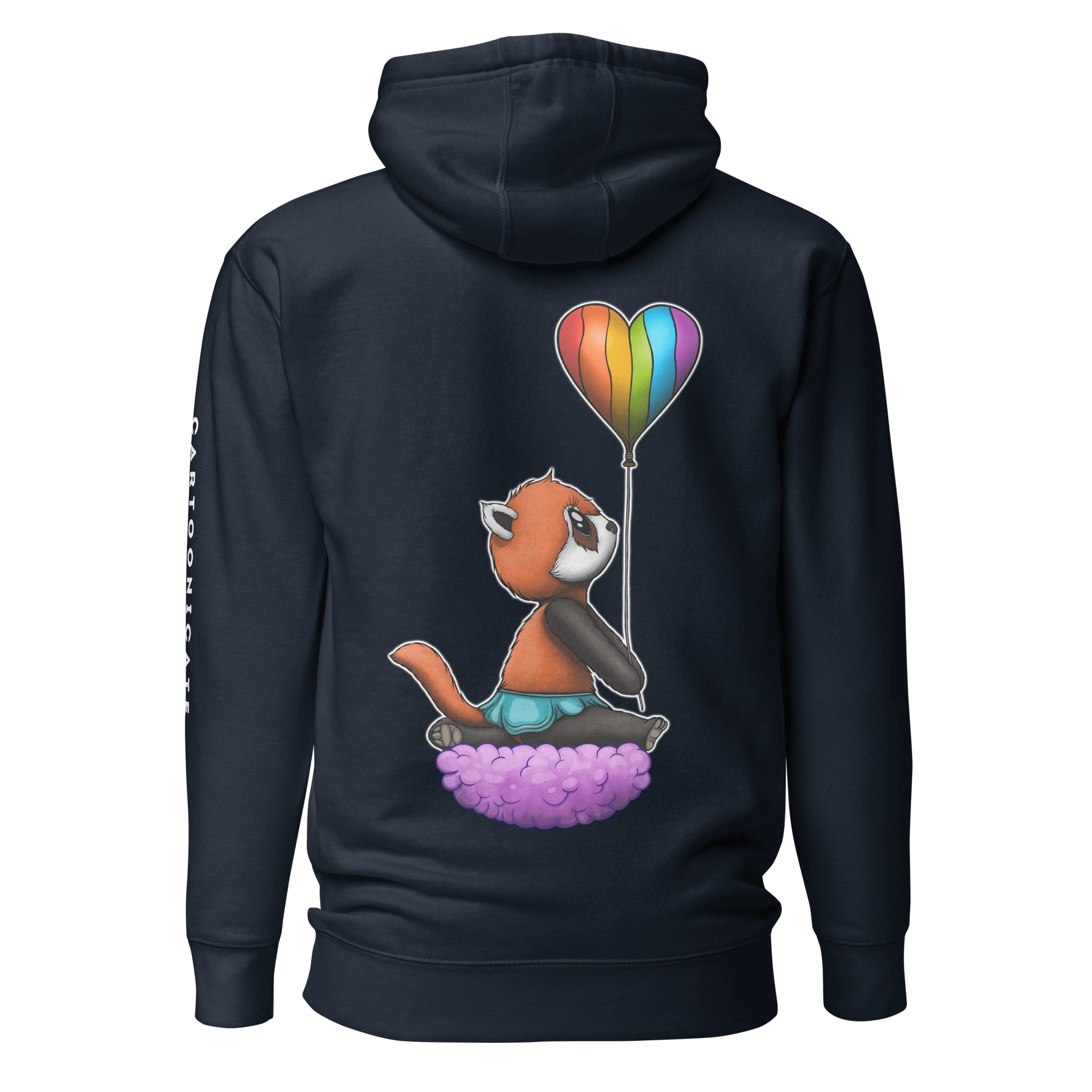 heart shaped pride balloon and cute panda on navy blue hoodie