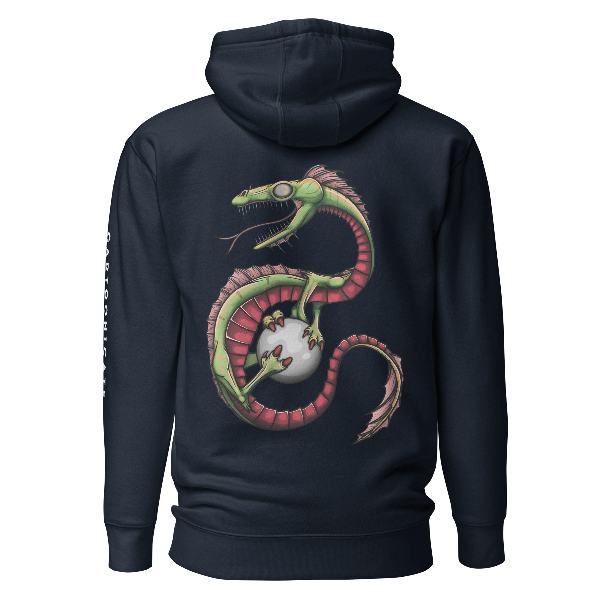 navy blue hoodie with fantasy dragon drawing 