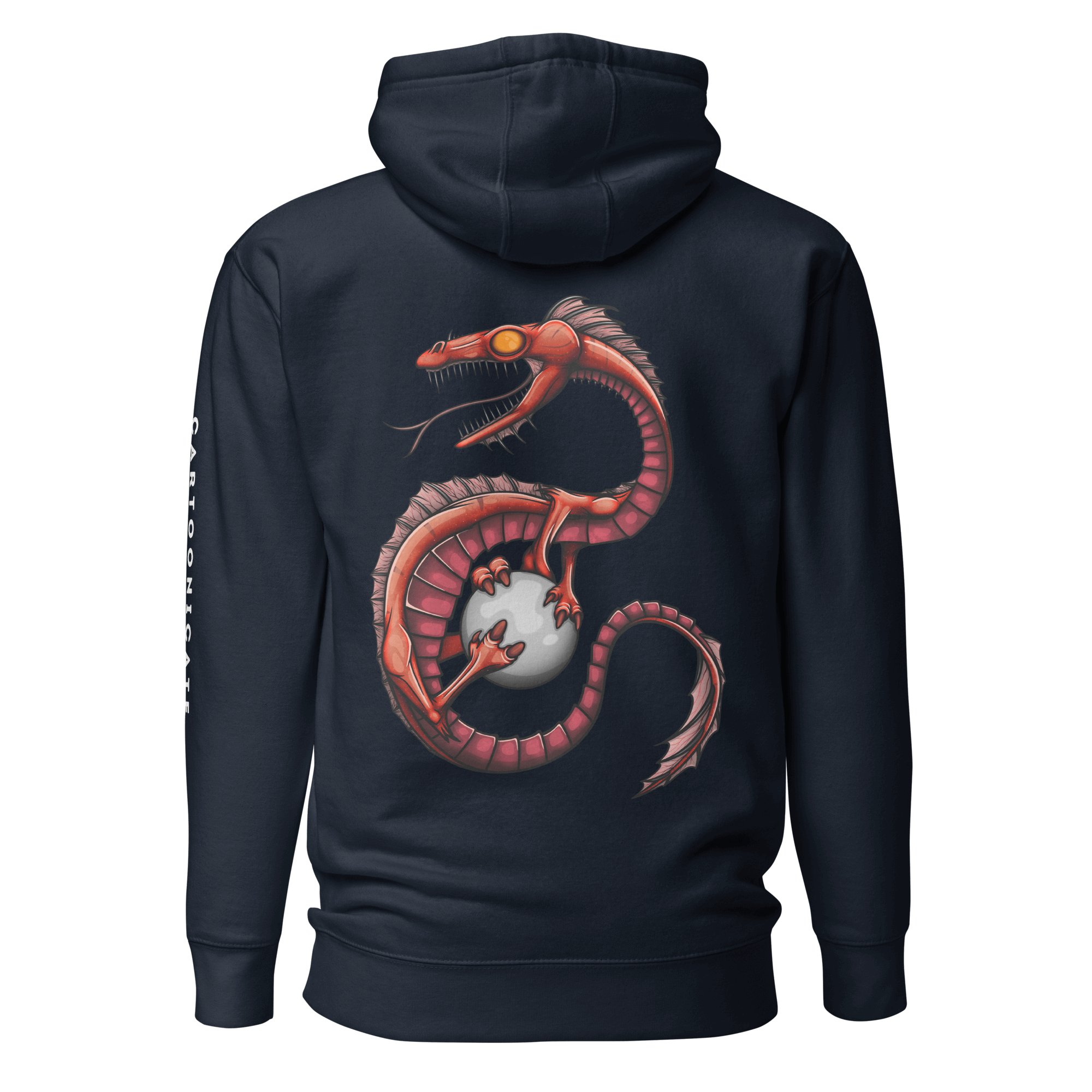 navy blue hoodie with fantasy dragon drawing 