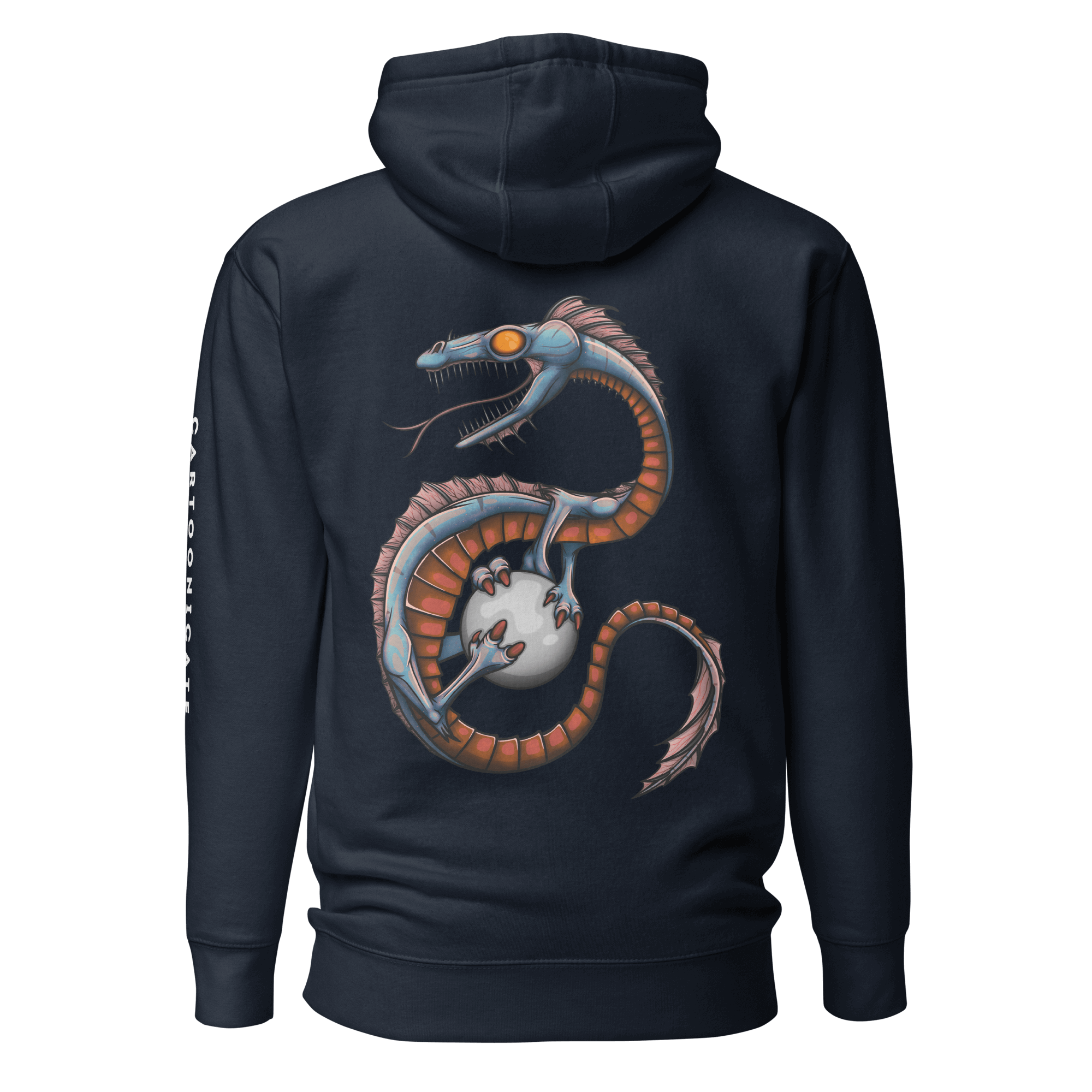 navy blue hoodie with fantasy dragon drawing 