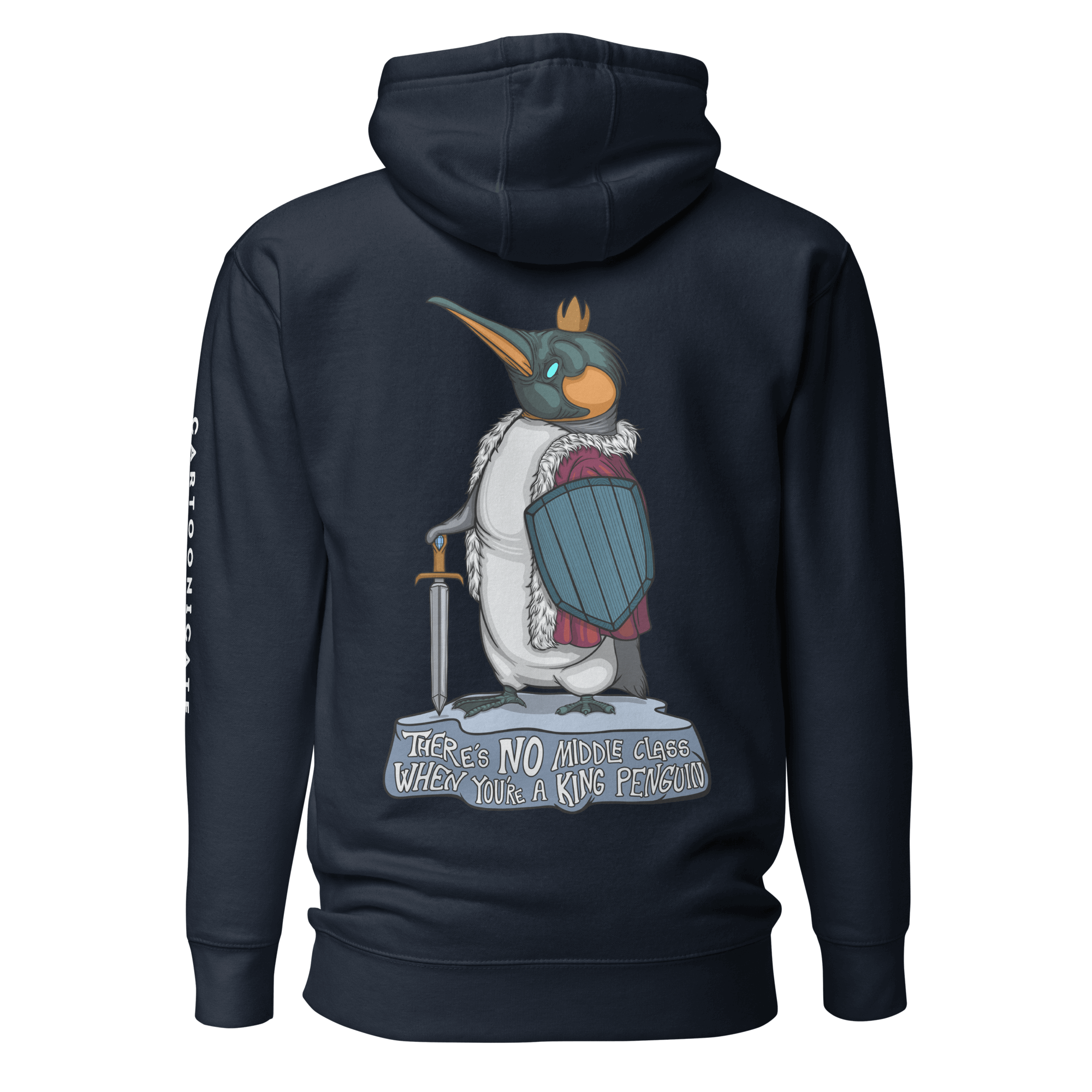 funny king penguin in cartoon style on navy blue hoodie