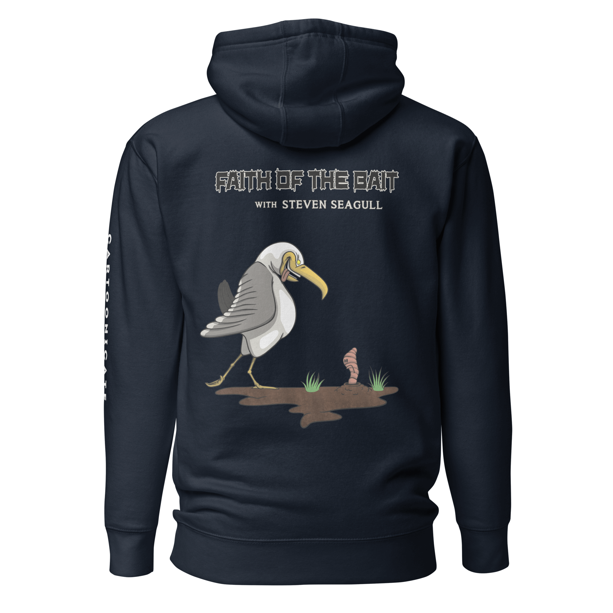 cartoon seagull and a maggot on navy blue hoodie