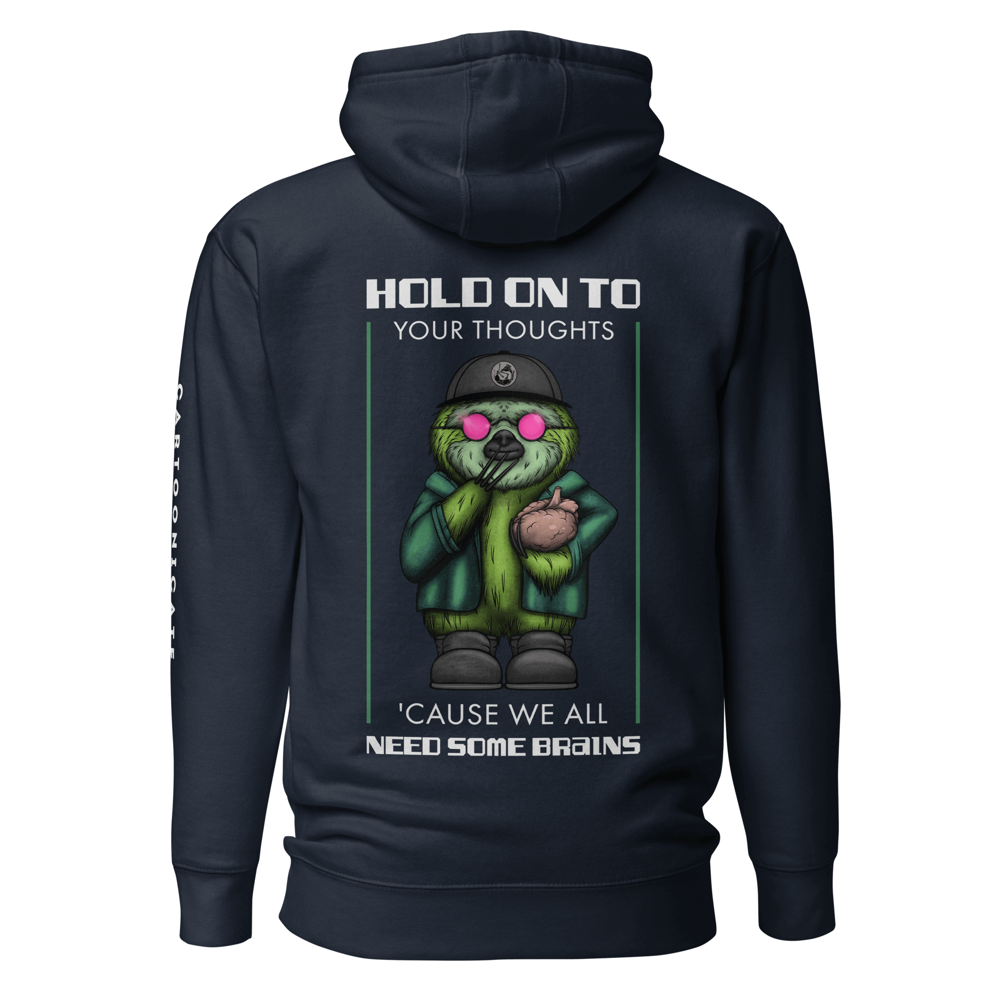 navy blue hoodie with a cute cartoon sloth 