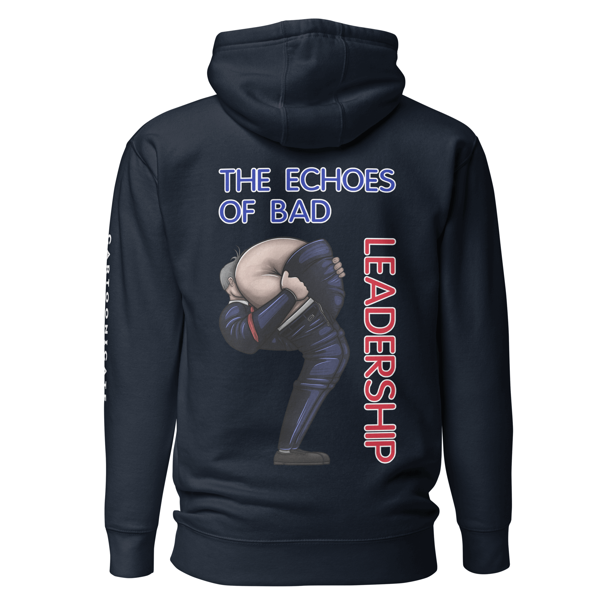 navy blue hoodie with funny cartoon drawing of leadership