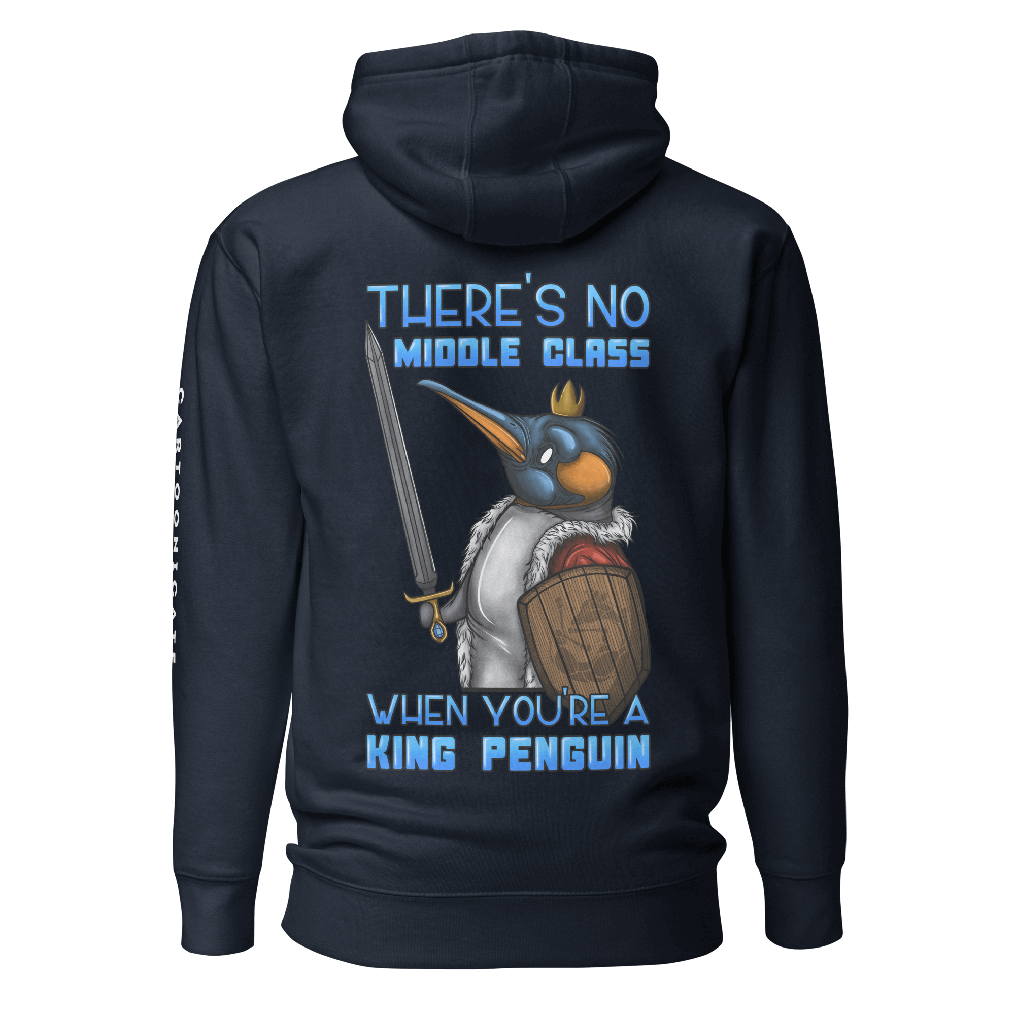 funny king penguin in cartoon style on navy blue hoodie