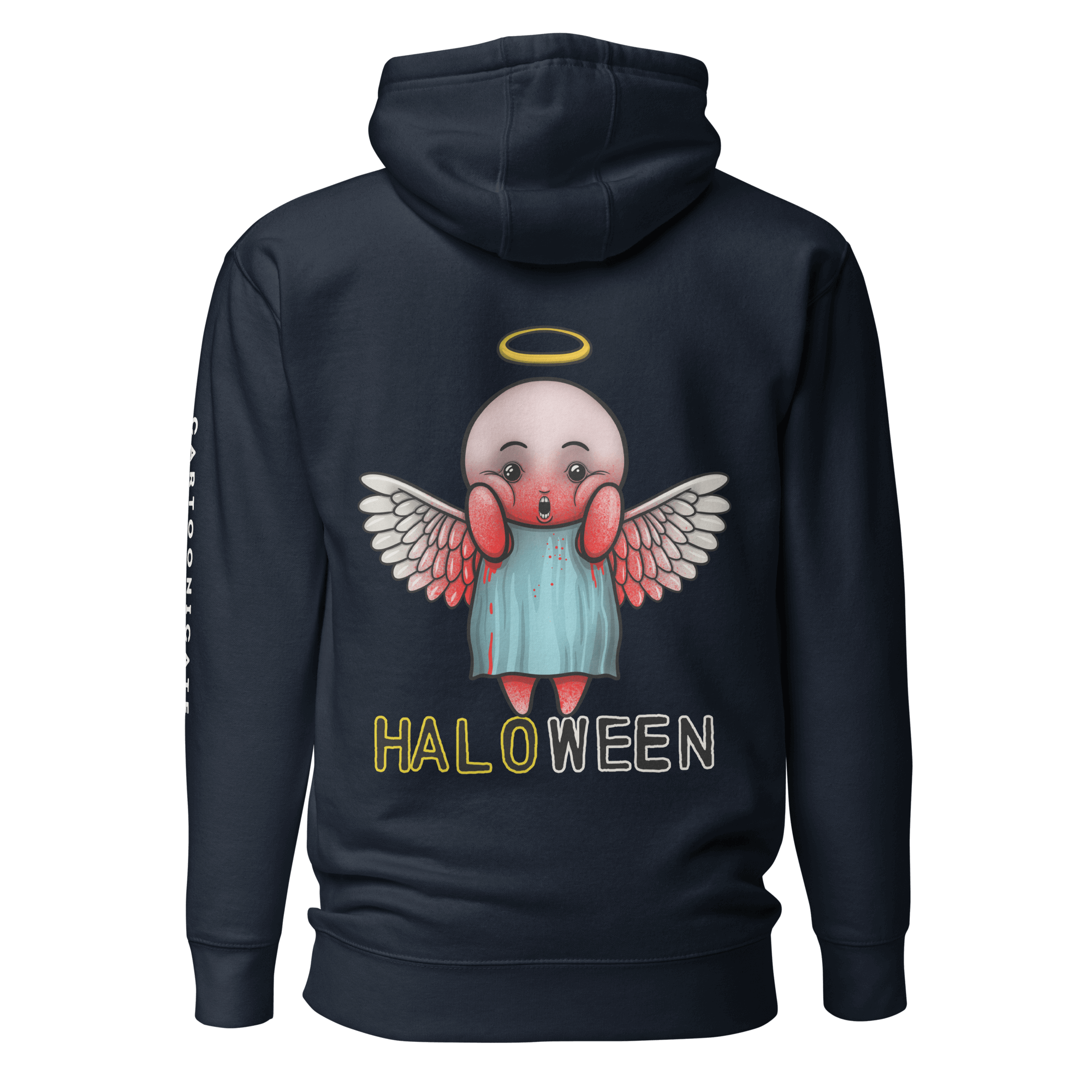 navy blue hoodie with bloody halloween angel drawing