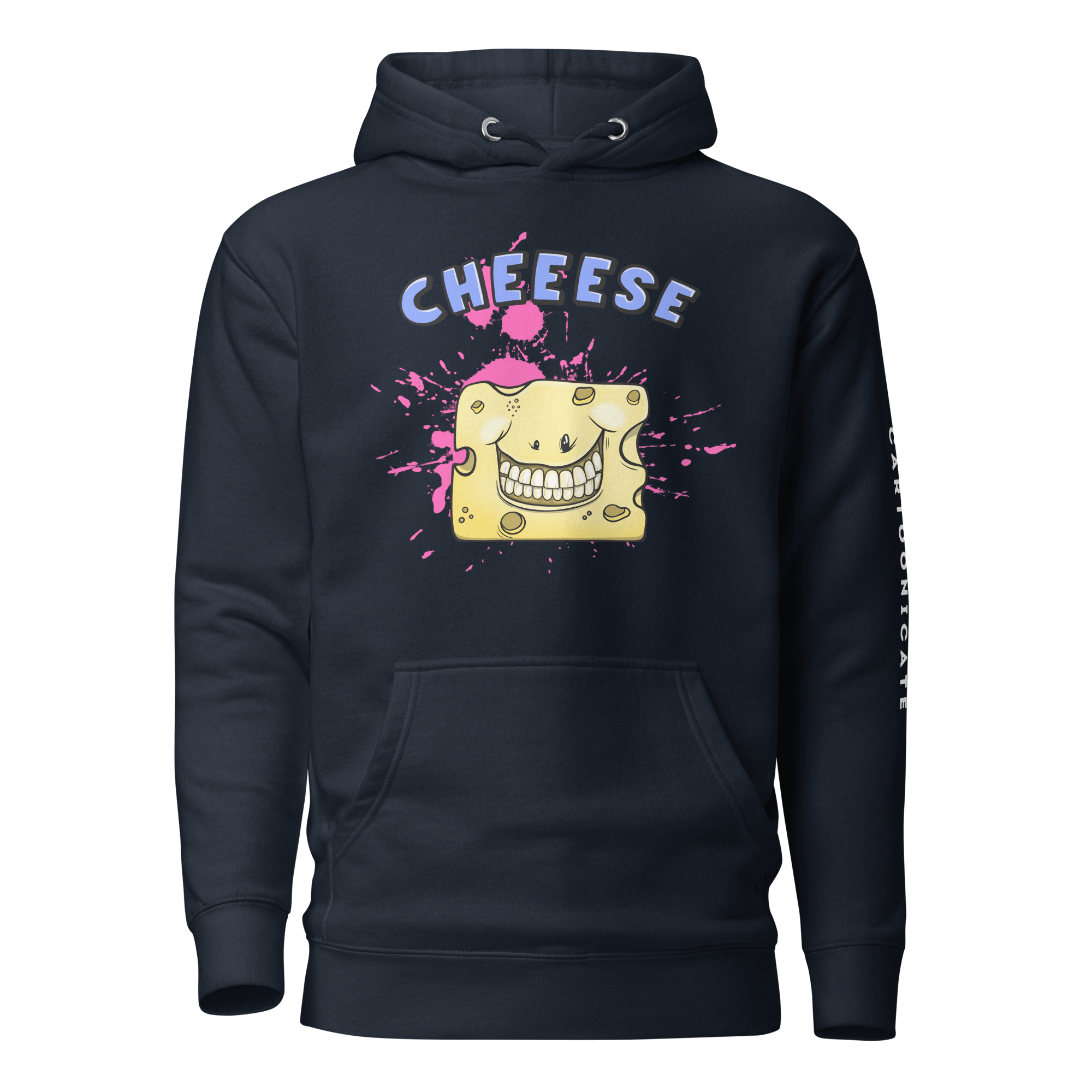 navy blue hoodie with a happy cheese in cartoon style