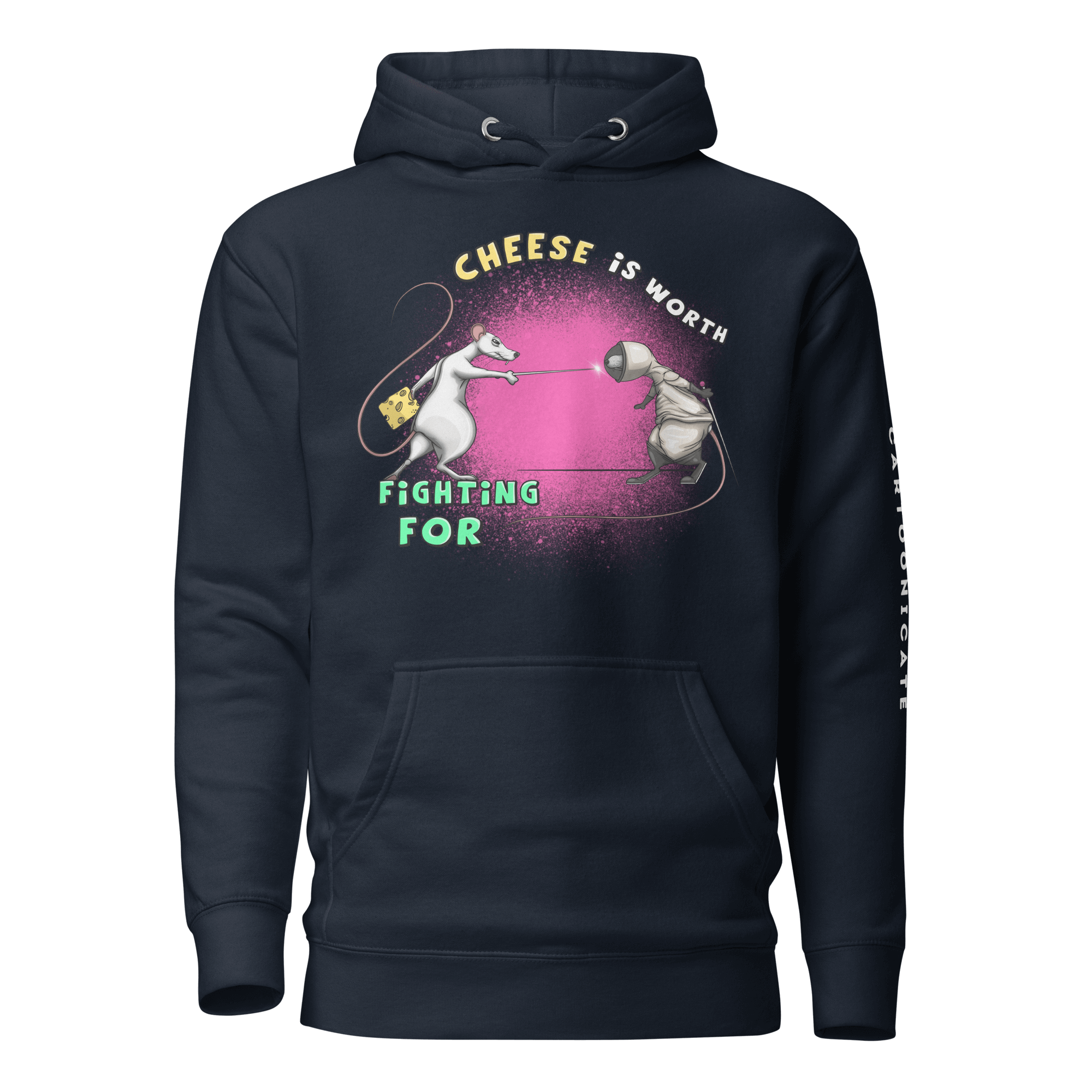 navy blue hoodie with rats fighting for cheese drawn in cartoon style