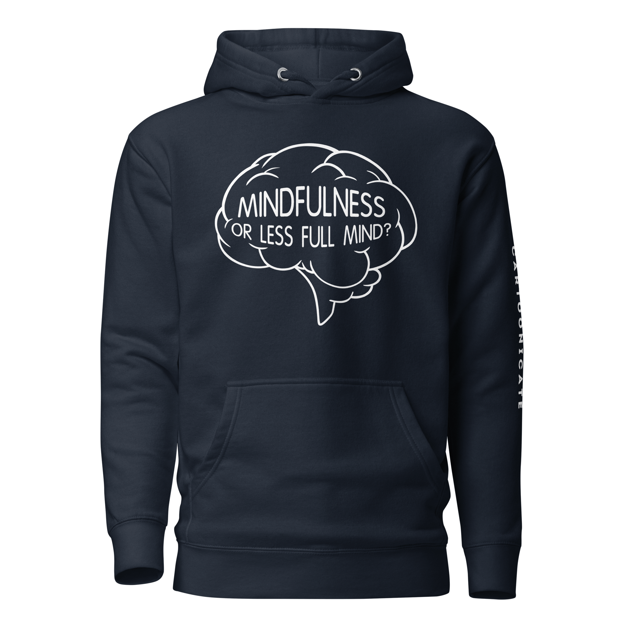 Navy blue hoodie with cartoon brain and mindfulness