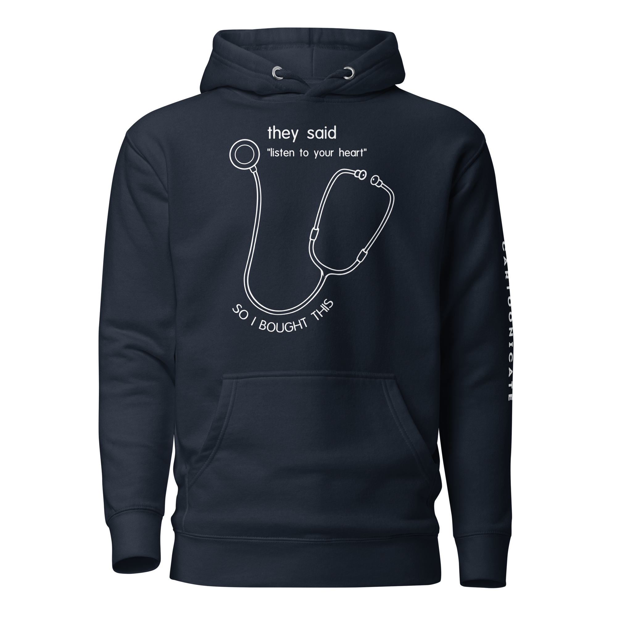 navy blue humor hoodie with doctor stethoscope drawing