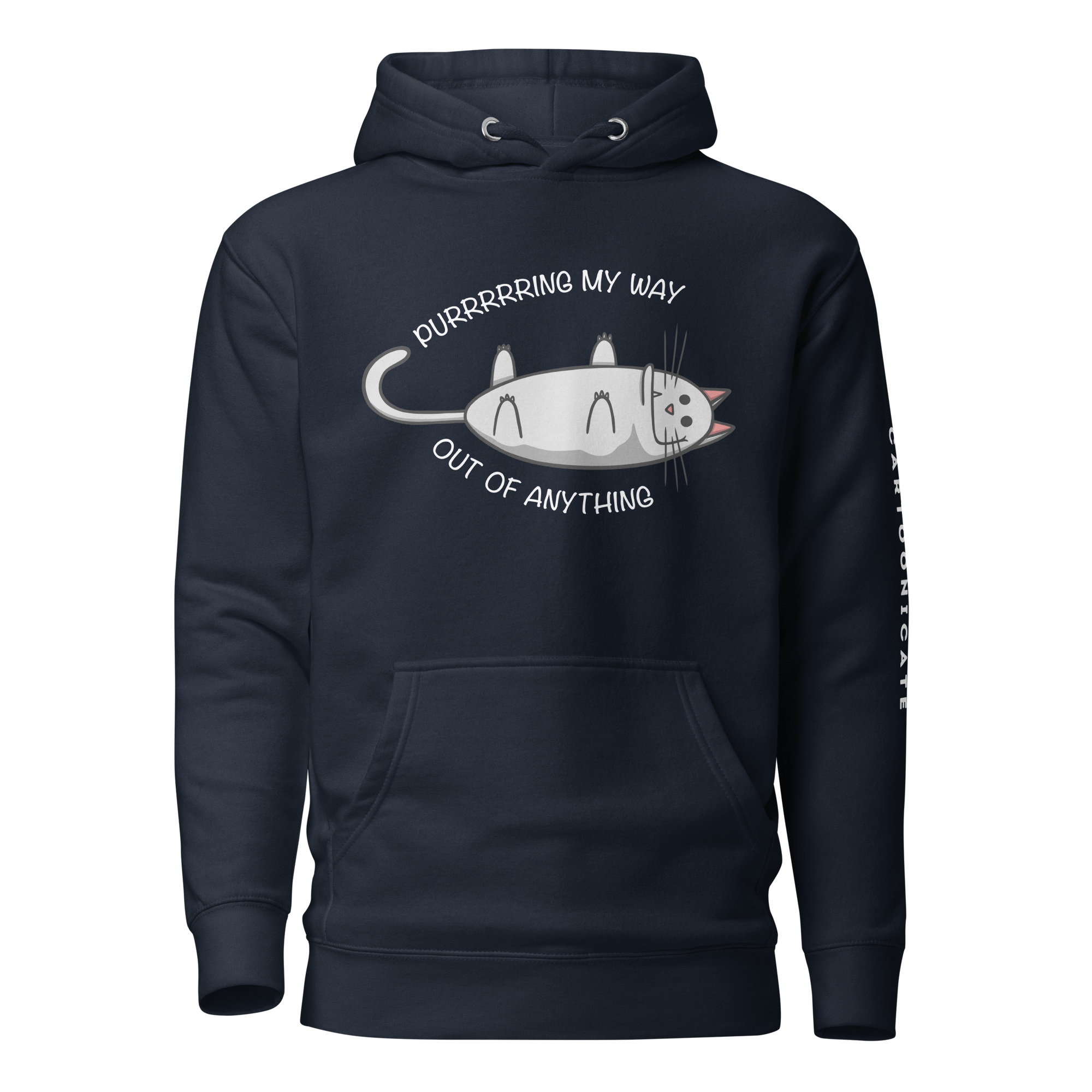 navy blue hoodie with a cute pussycat laying on its back