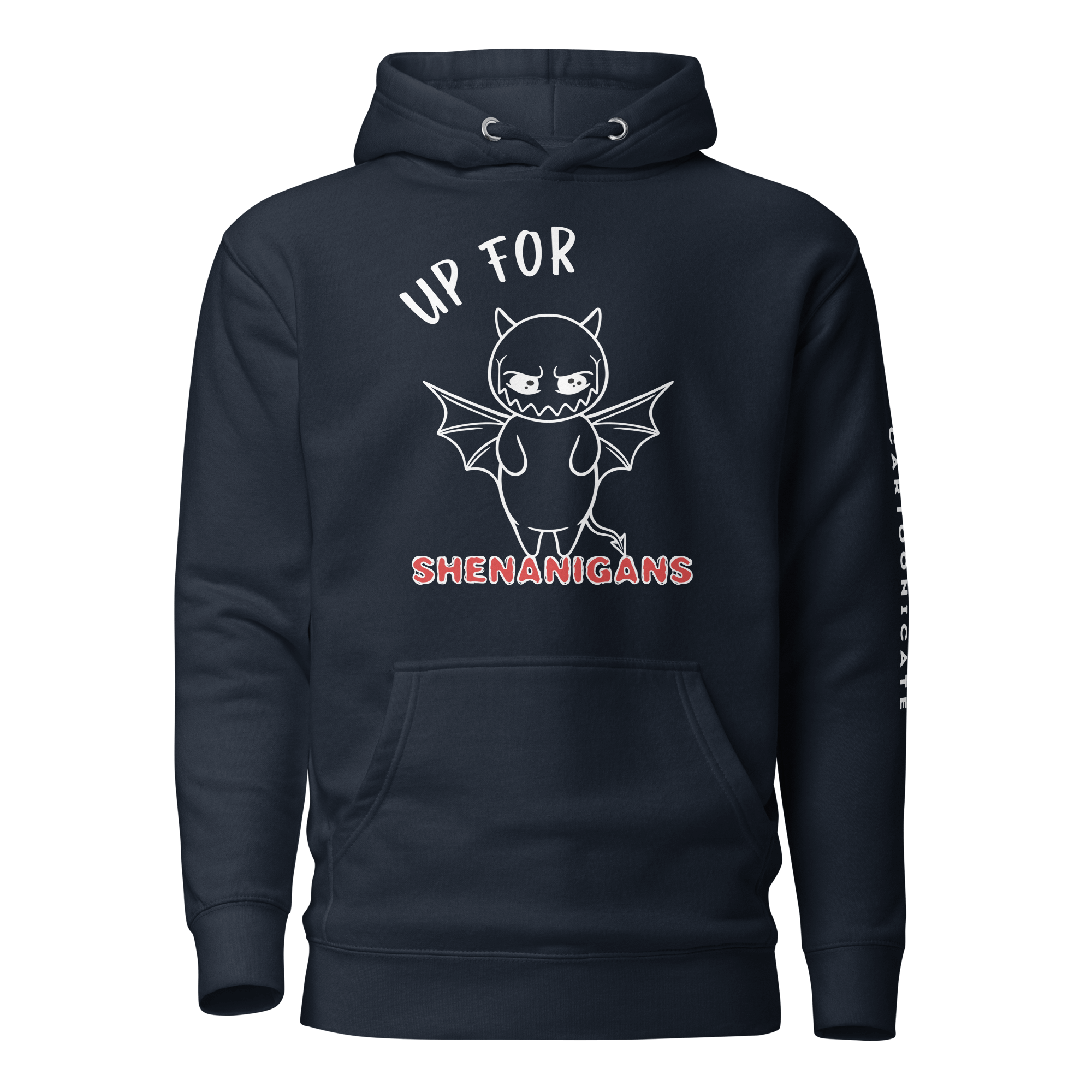 cute cartoon devil on navy blue hoodie