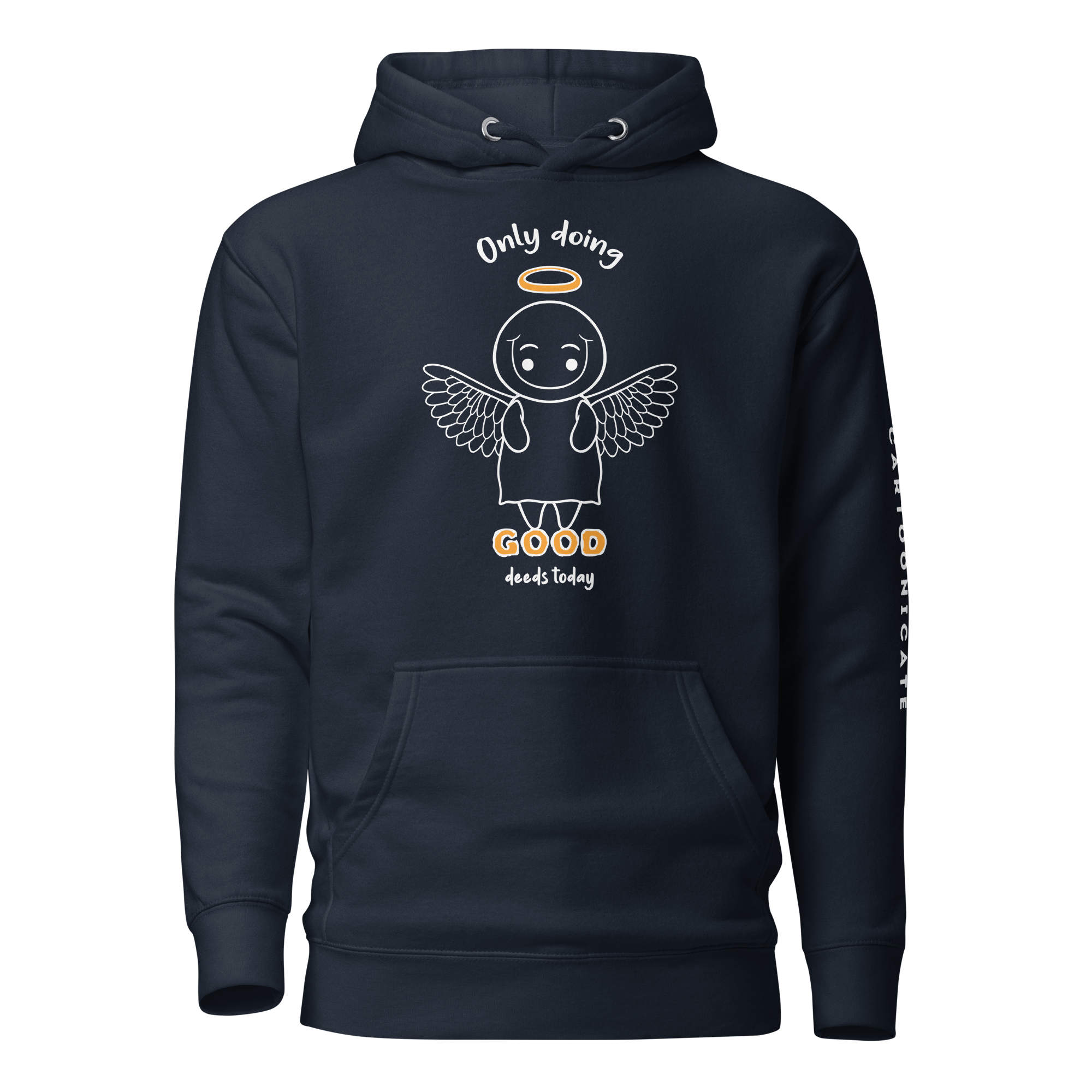 Cute angel in cartoon style on navy blue hoodie