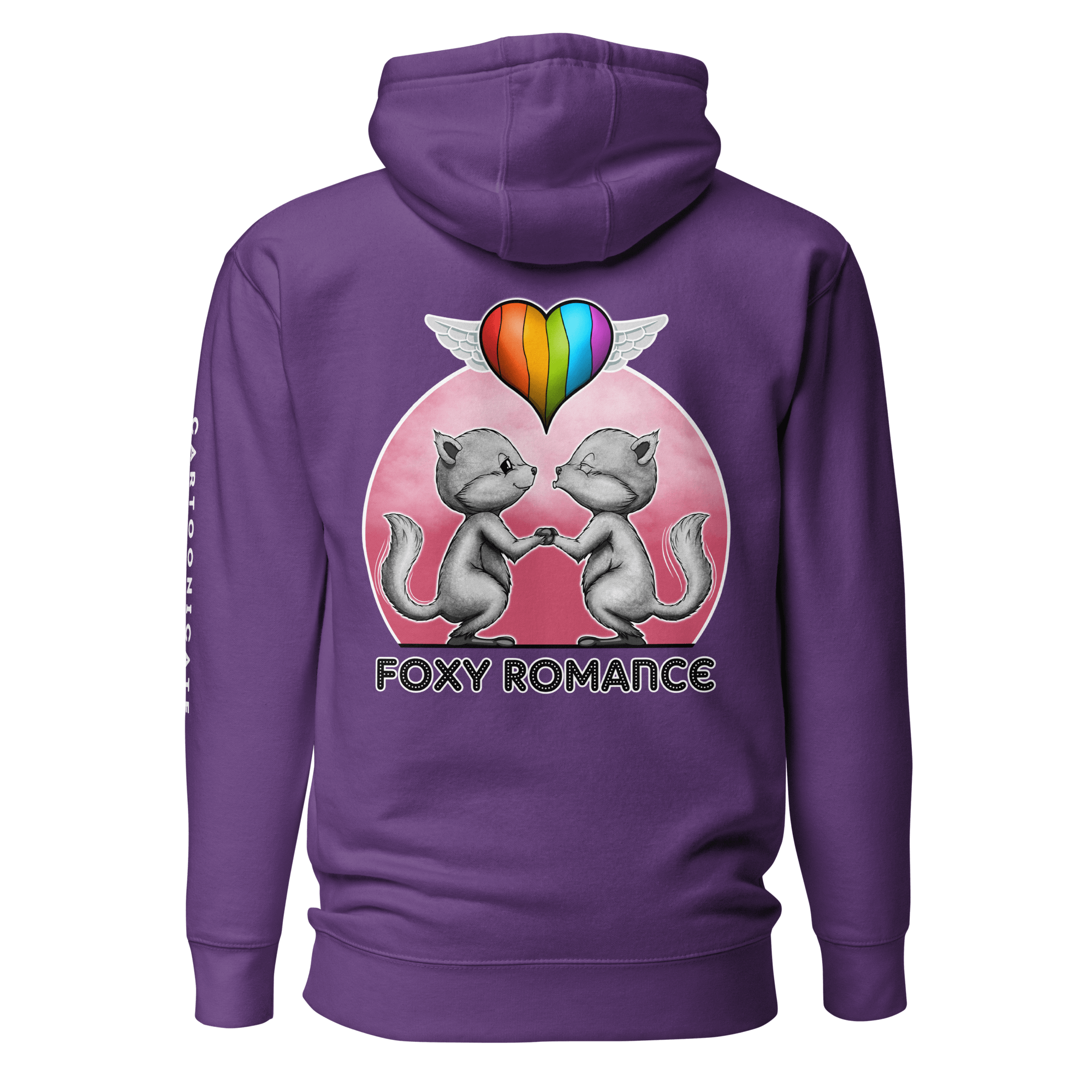 purple hoodie with heart shaped pride flag and snow foxes