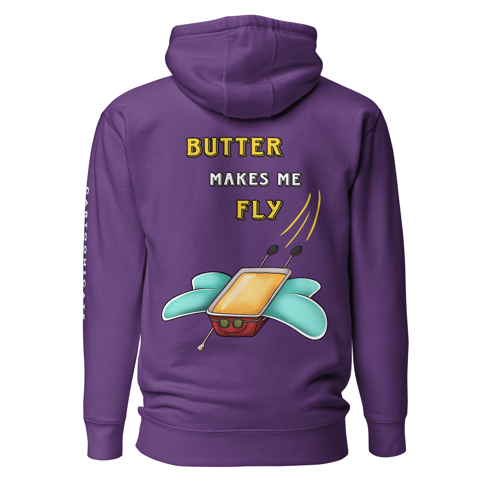 purple hoodie with funny flying butter with wings