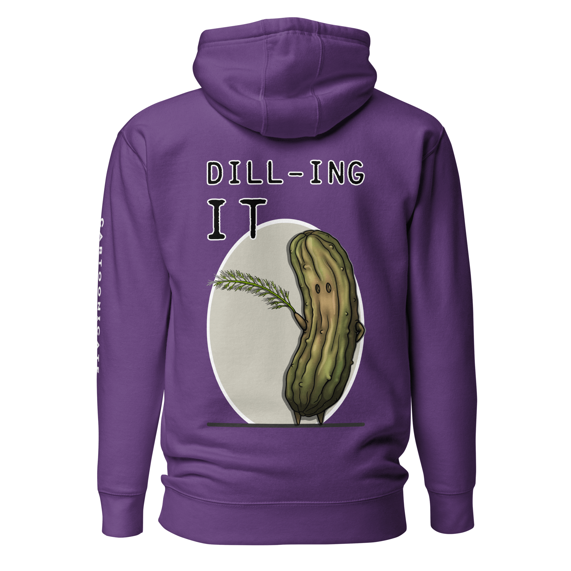 cartoon pickle and dill drawing on purple hoodie