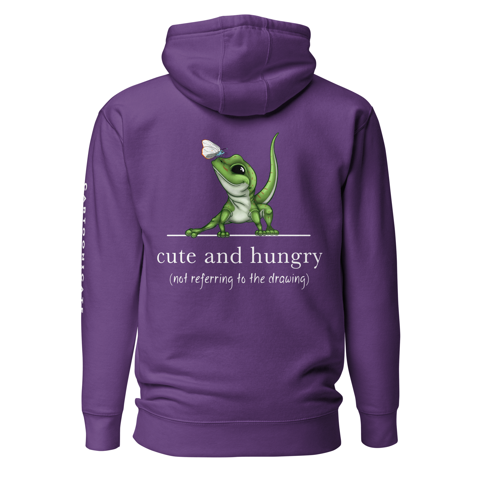 drawing of a cute gecko and a butterfly on purple hoodie