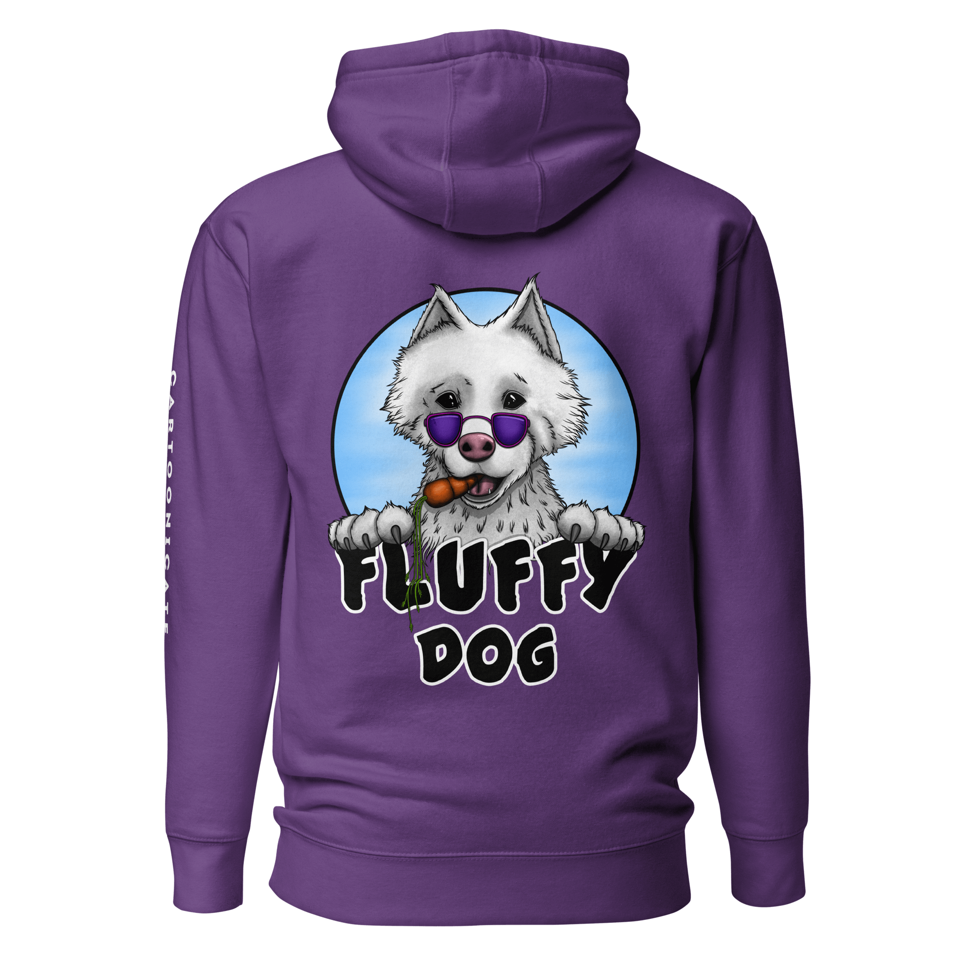 purple hoodie with purple sunglasses on a white fluffy dog