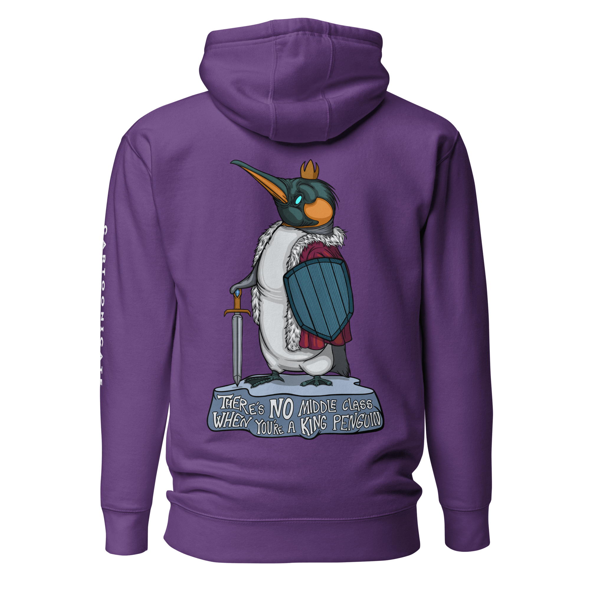 purple hoodie with a cute penguin drawing in cartoon style