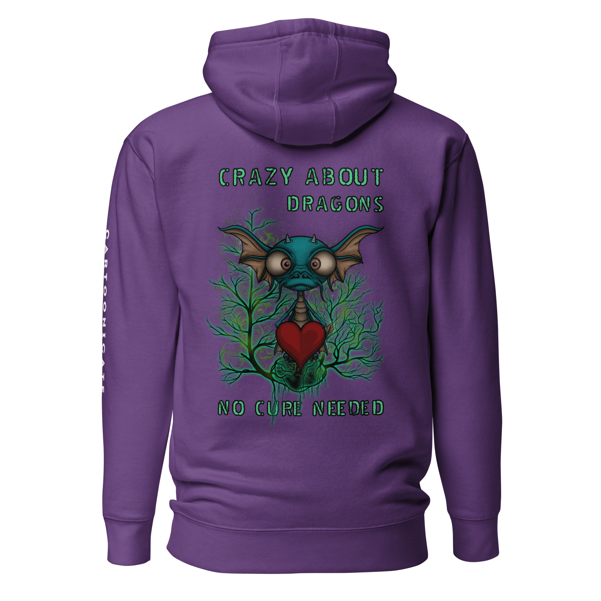 purple hoodie with a cartoon dragon and fire