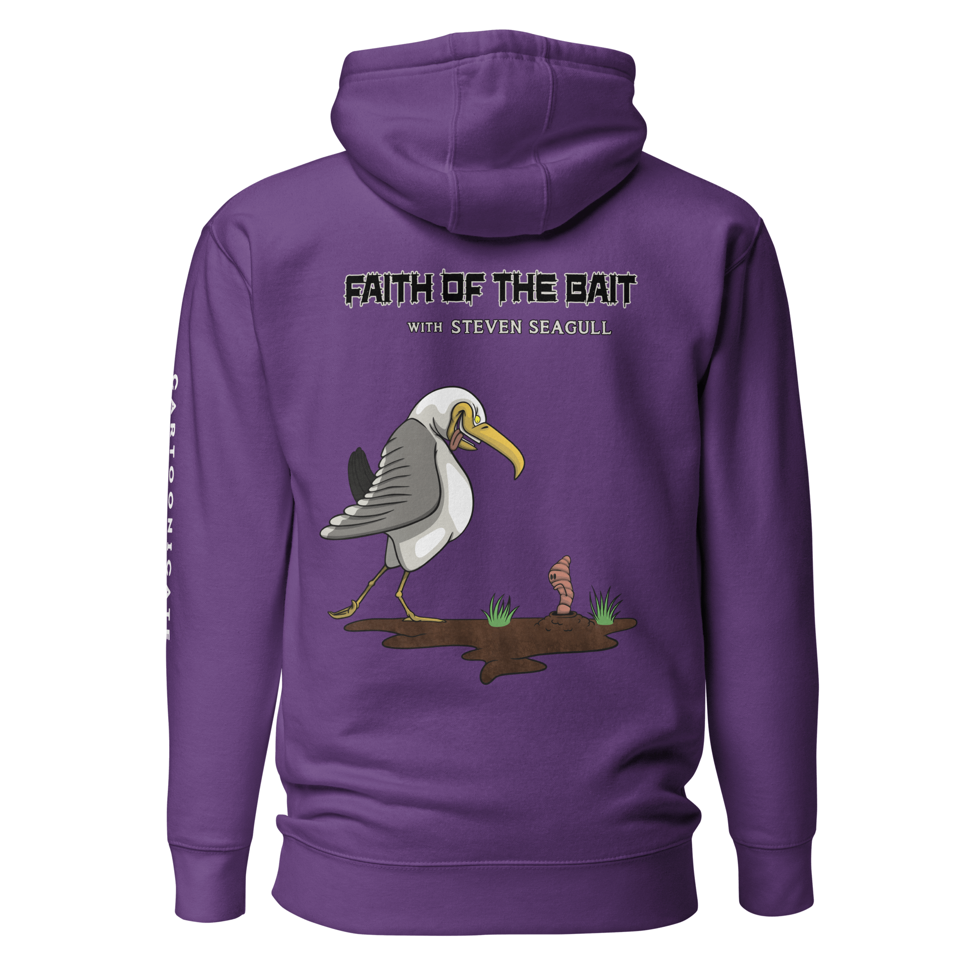 cartoon seagull and a maggot on purple hoodie