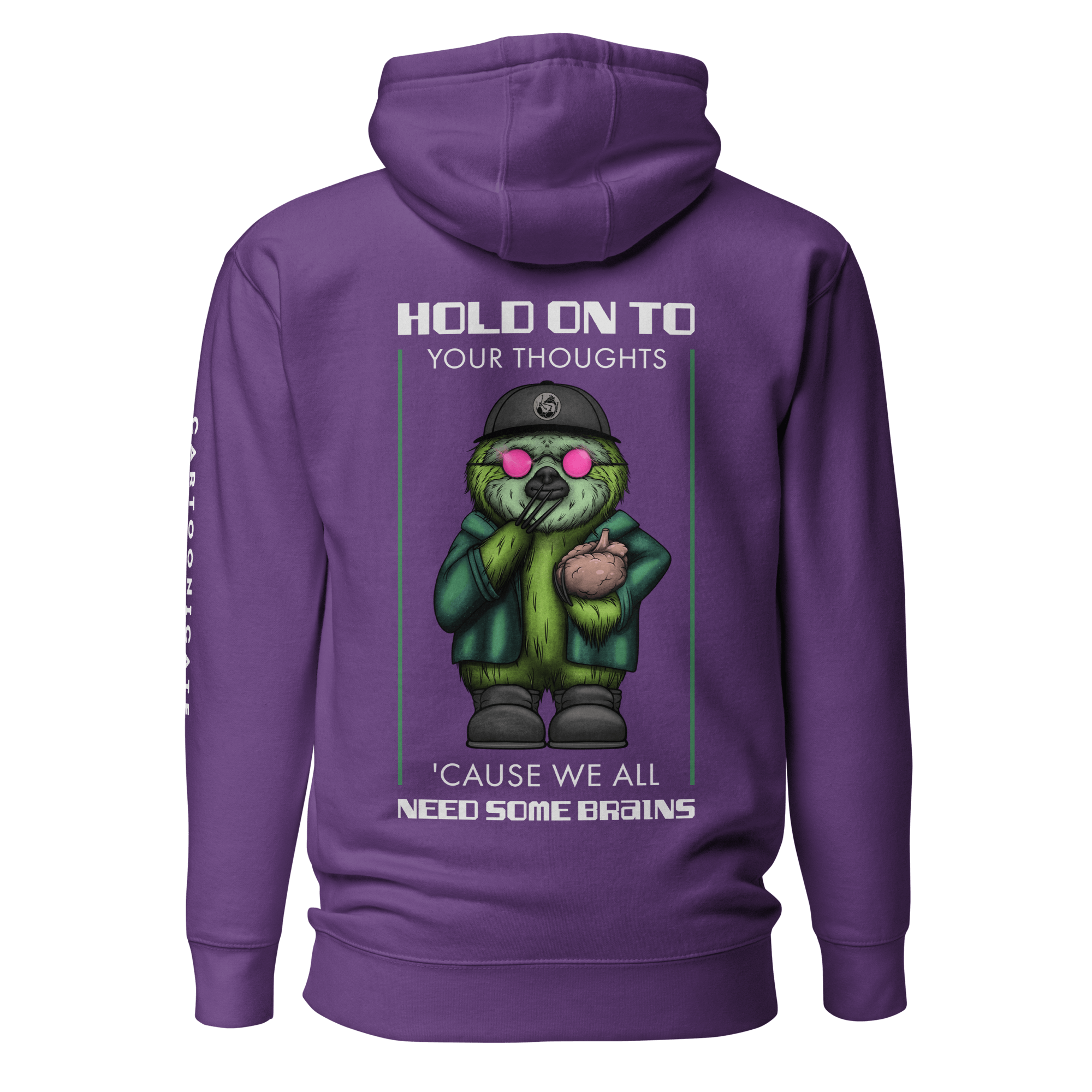 purple hoodie with a cartoon sloth wearing pink sunglasses