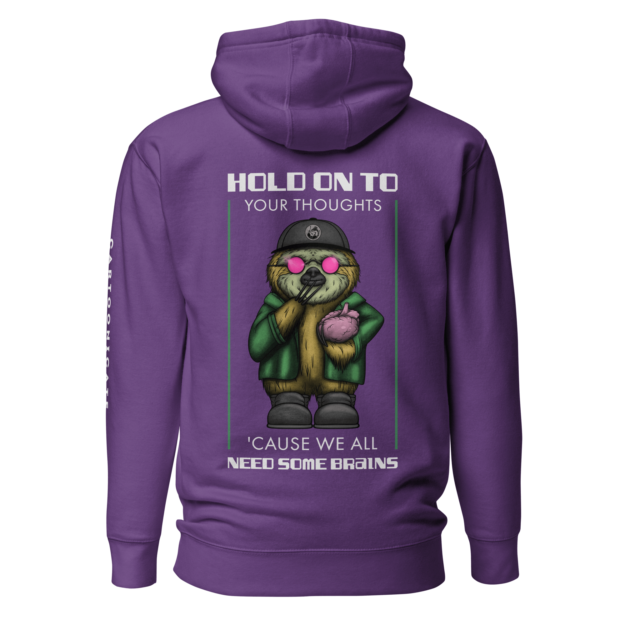 purple hoodie with a cartoon sloth wearing pink sunglasses