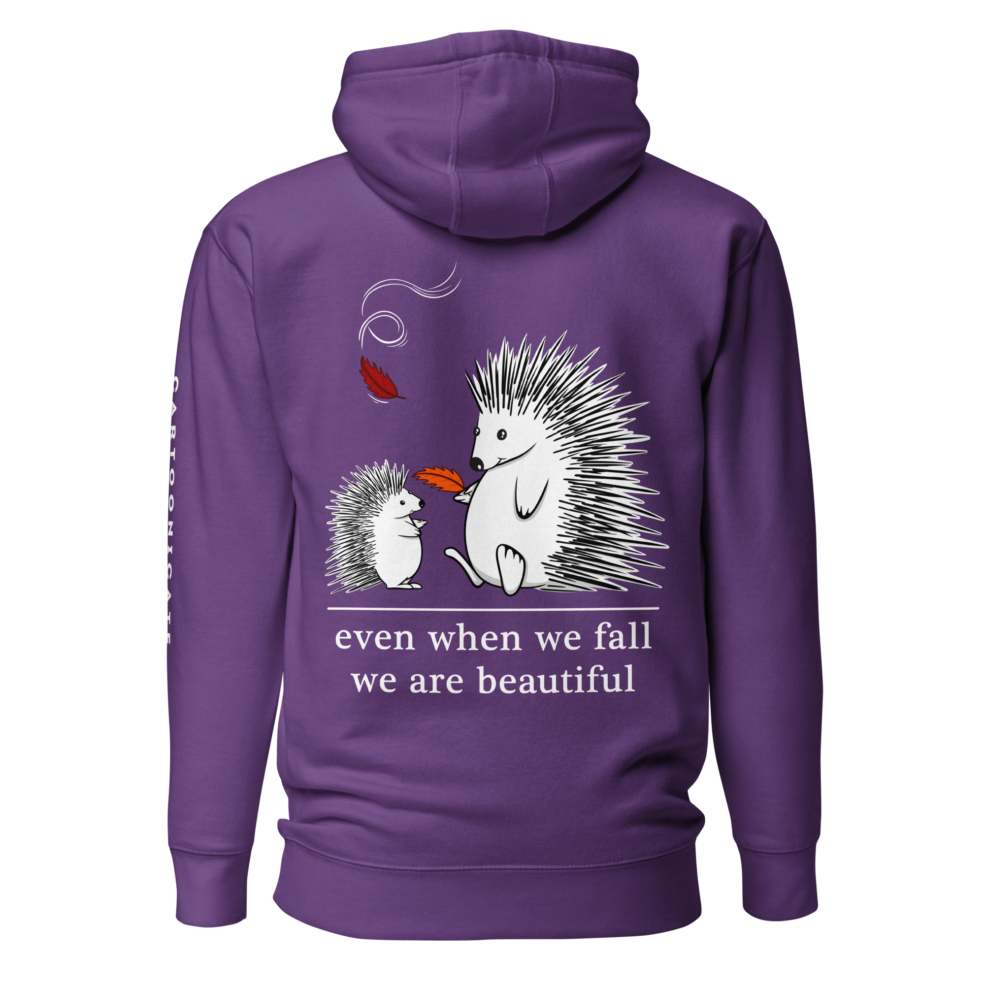 purple hoodie with mother and baby hedgehogs drawing