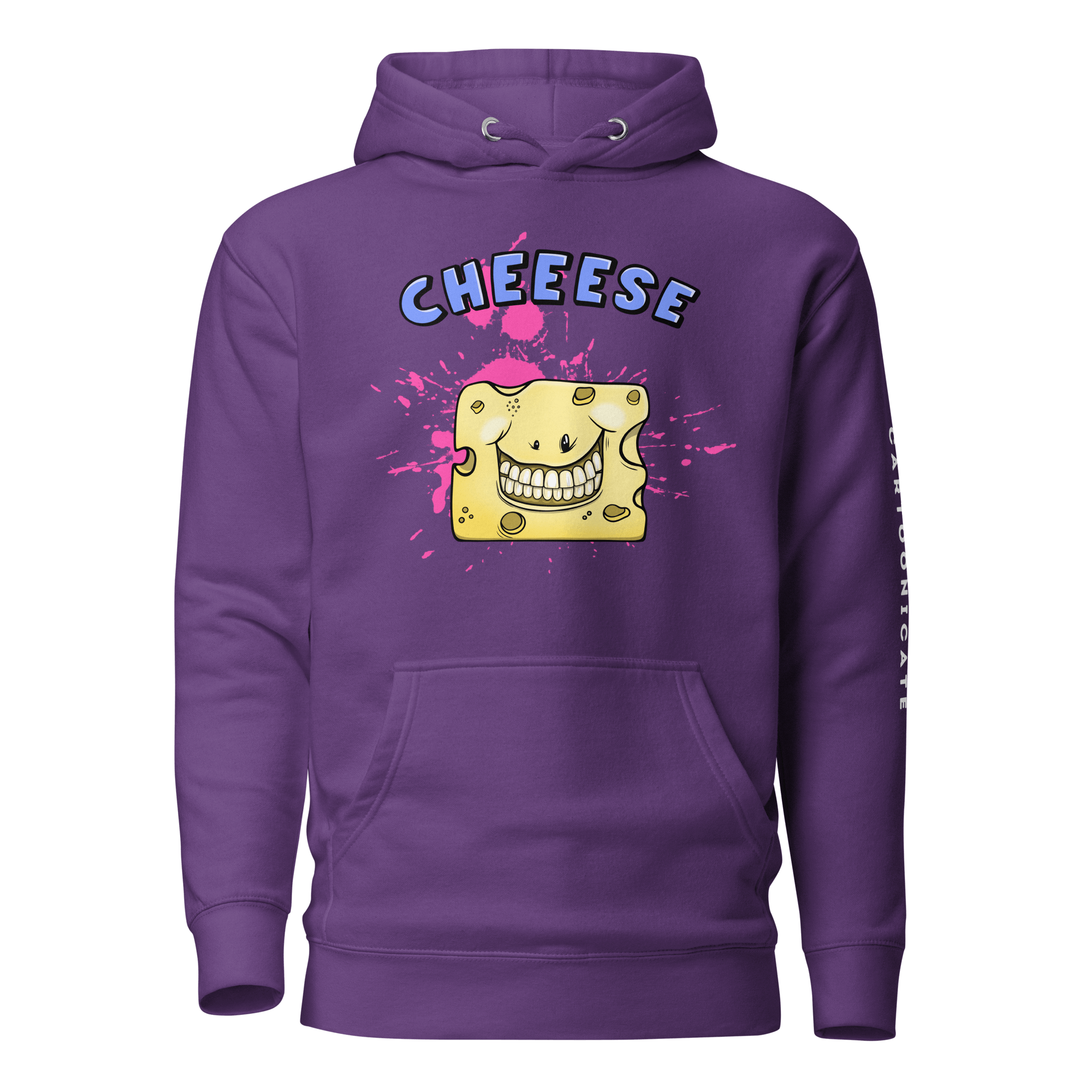 purple hoodie with a happy cheese in cartoon style