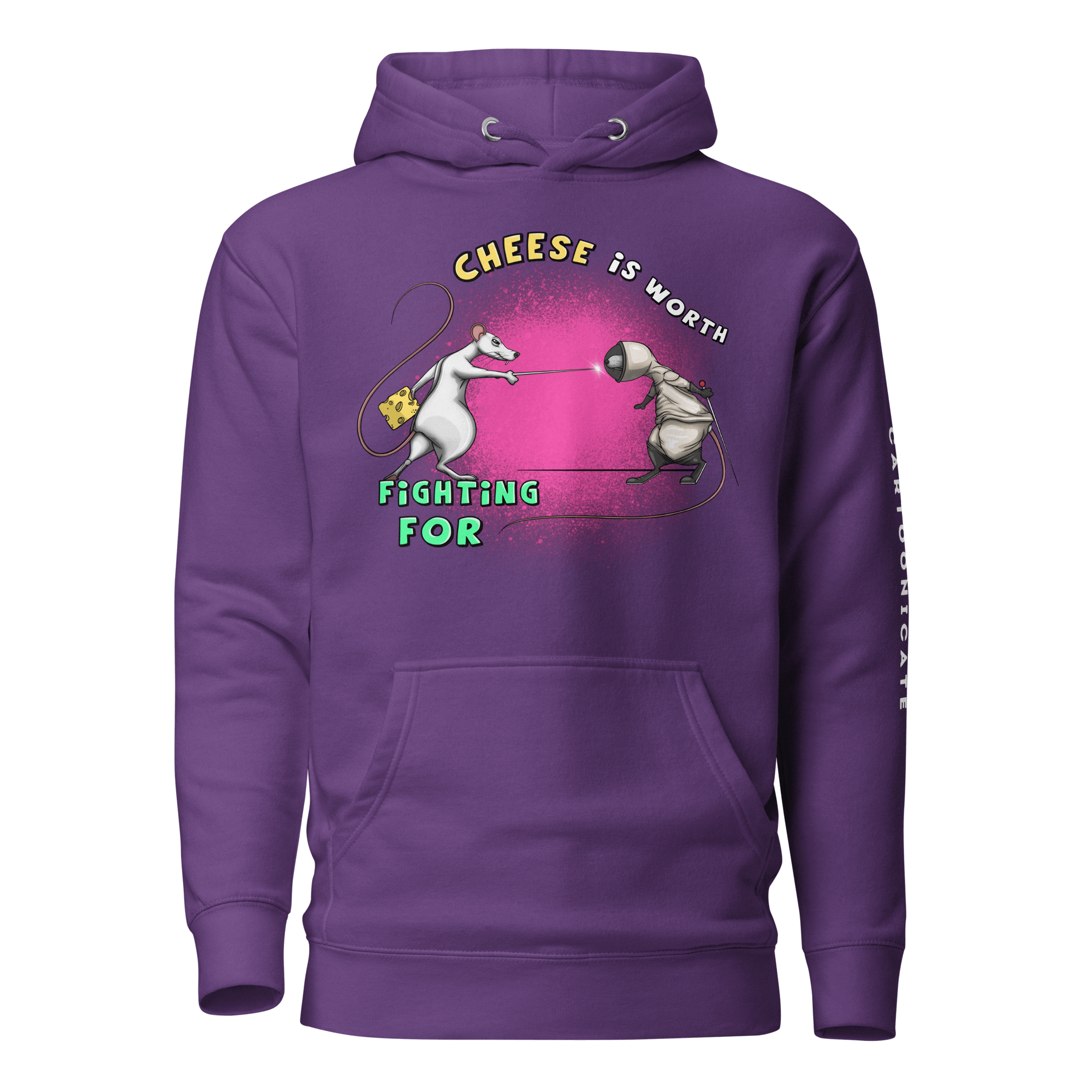 purple hoodie with rats fighting for cheese drawn in cartoon style