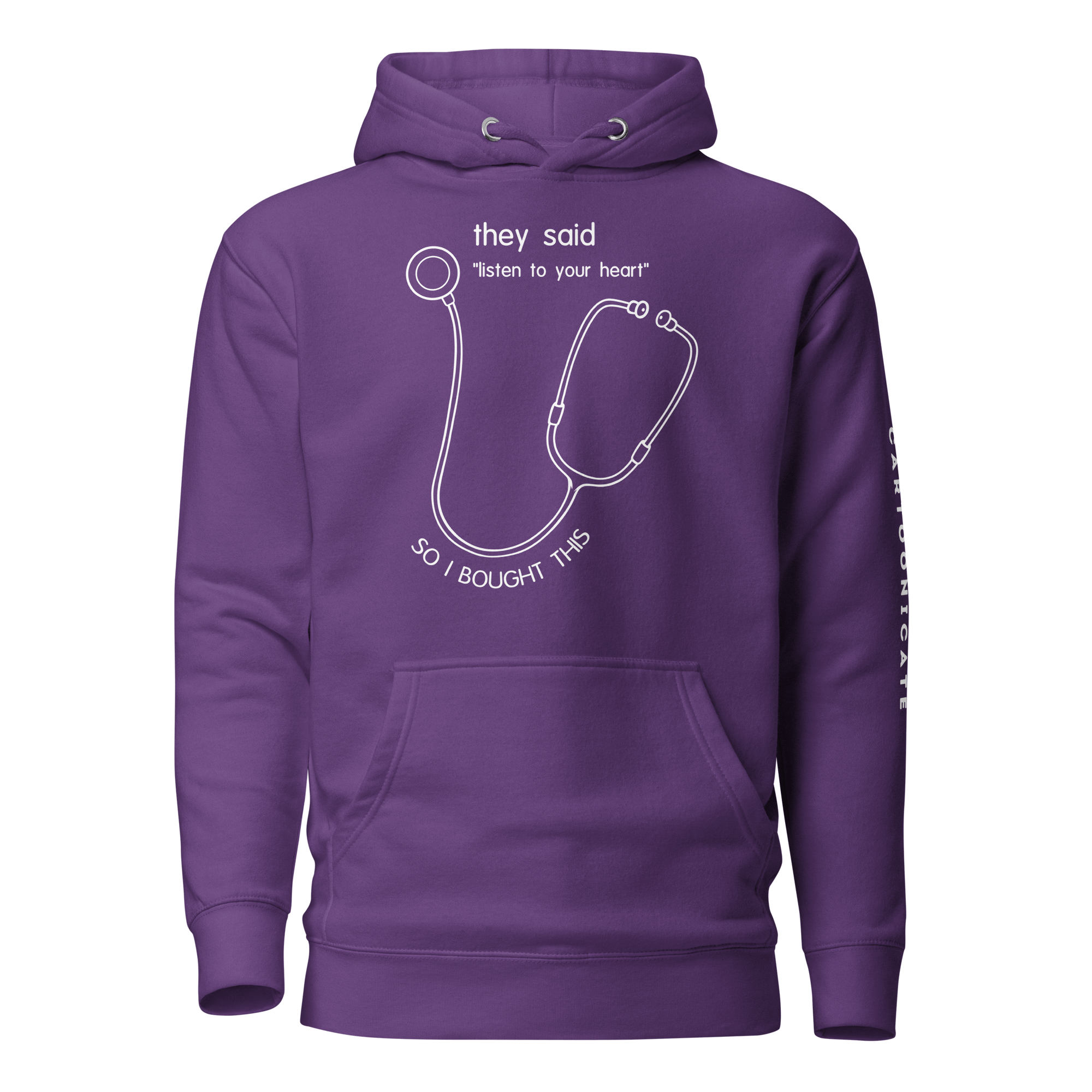 purple humor hoodie with doctor stethoscope drawing