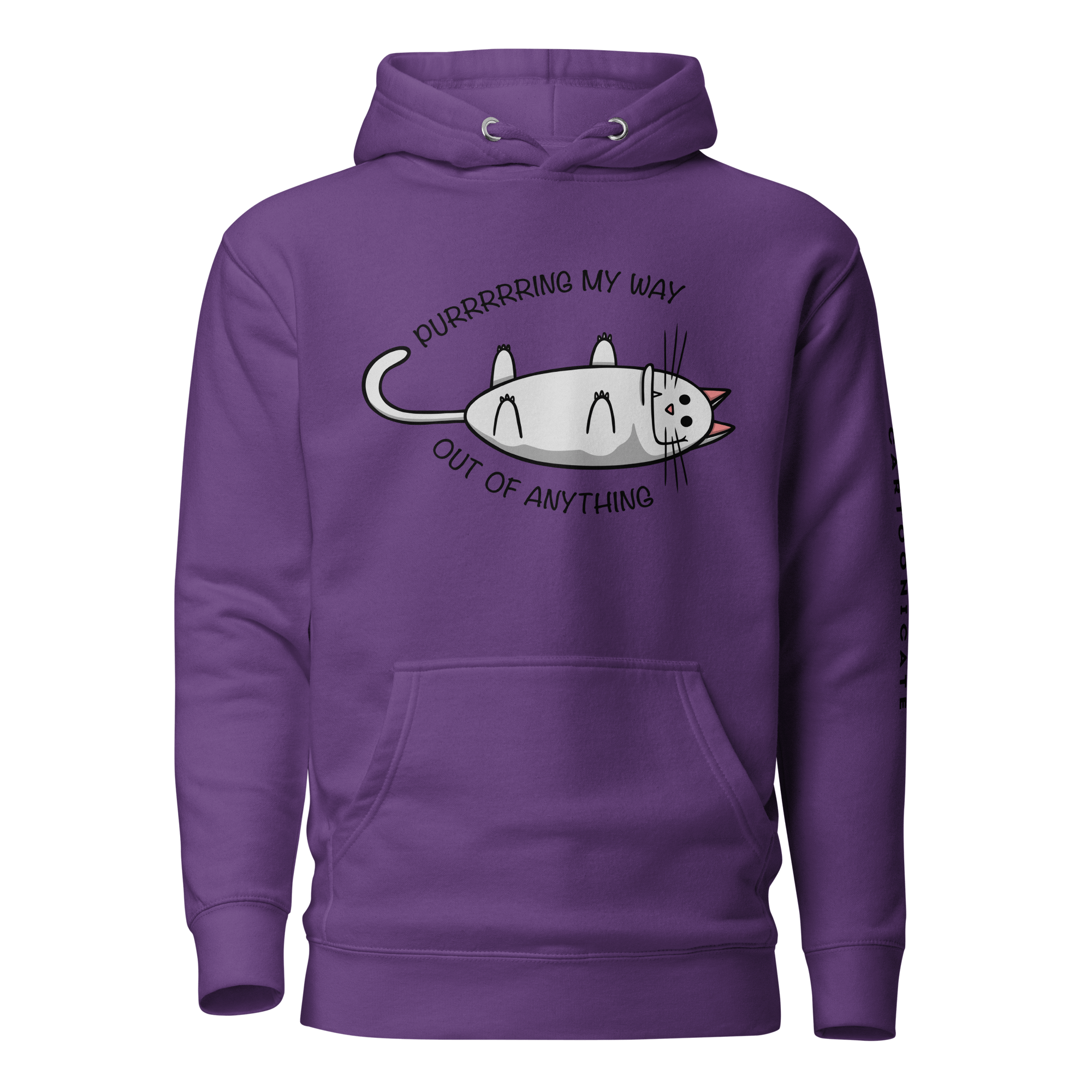 purple hoodie with a cute pussycat laying on its back