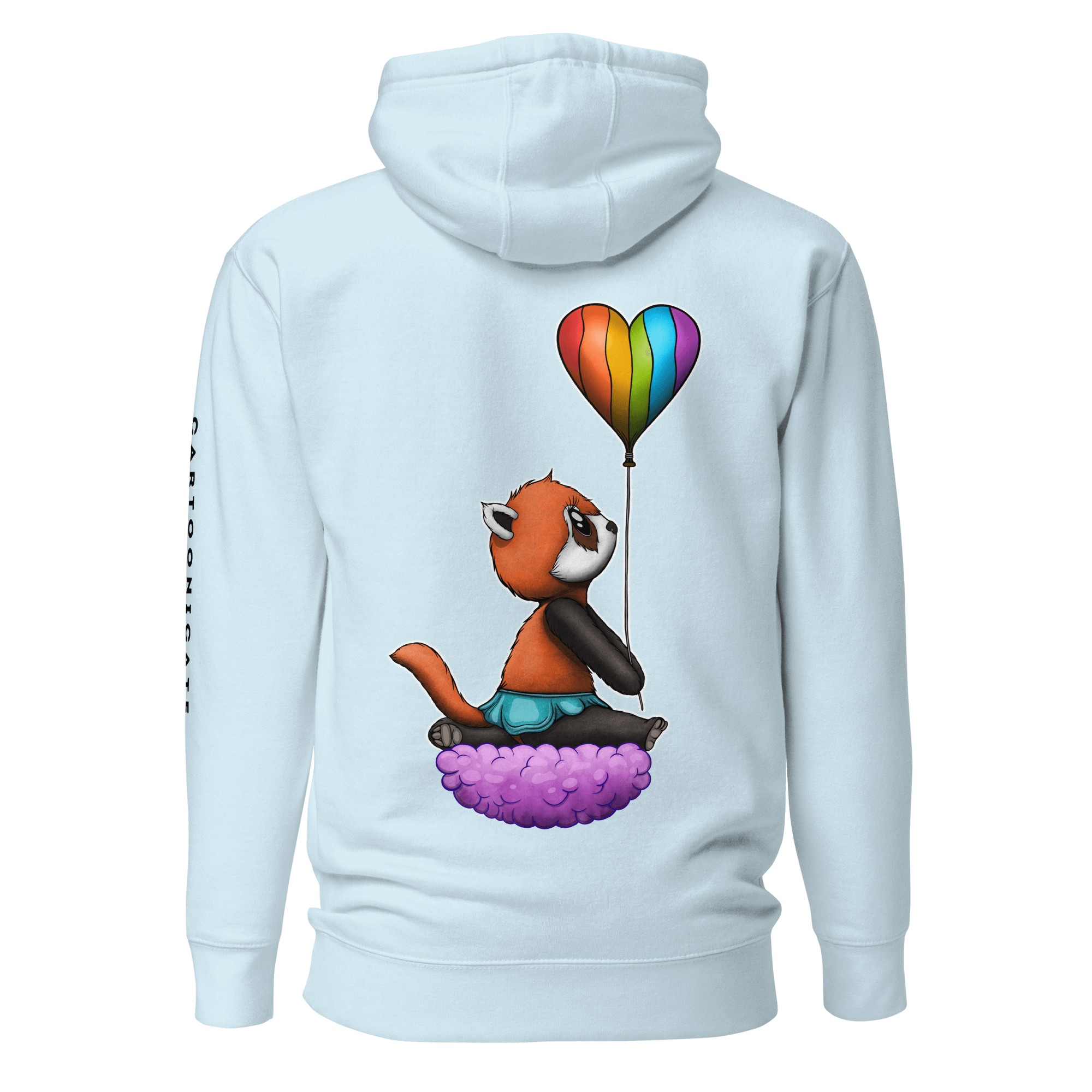 panda bear holding a pride flag balloon on blue hoodie