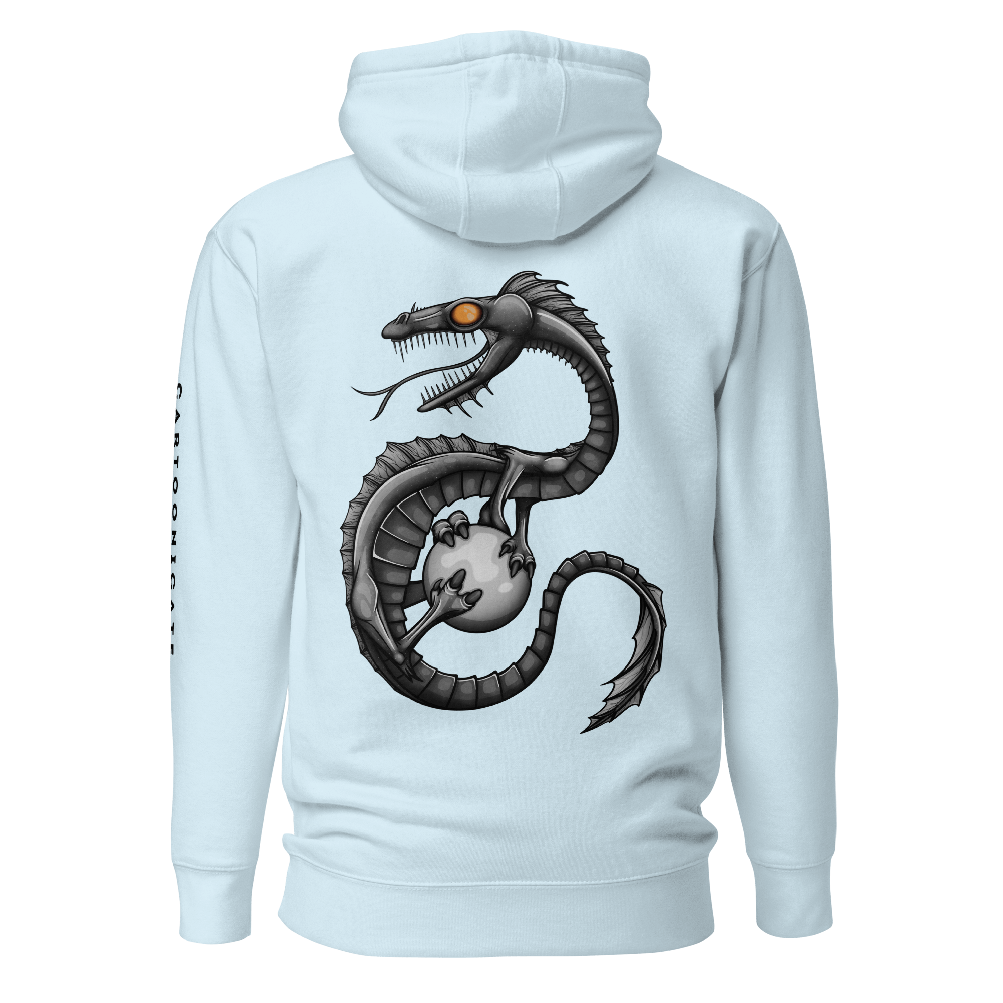 blue hoodie with fantasy dragon drawing 