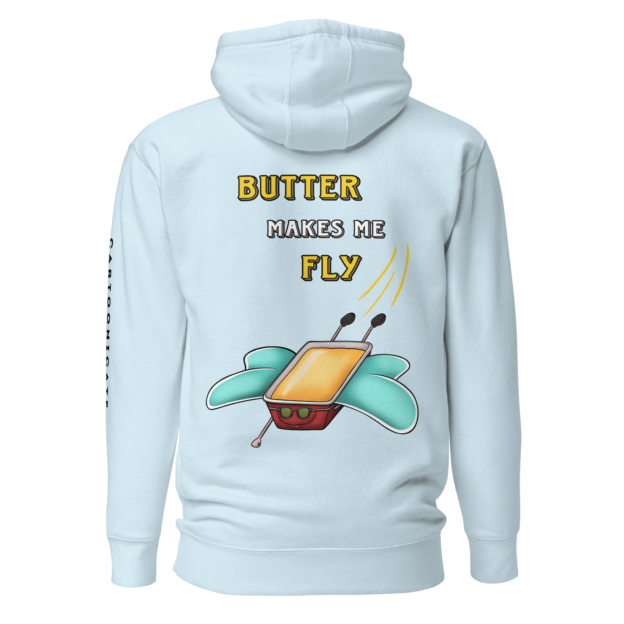 light blue hoodie with funny flying butter with wings