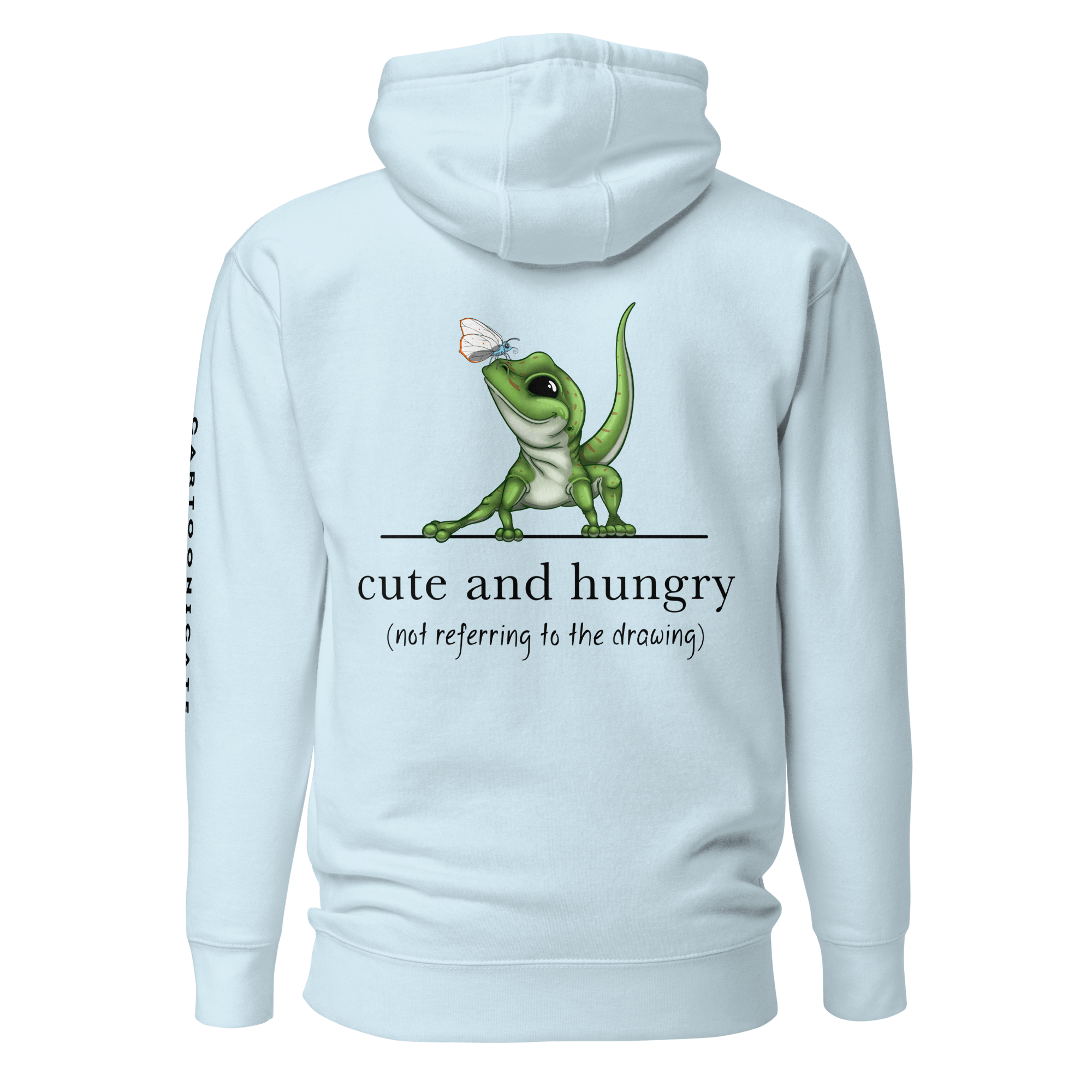 cartoon lizard with butterfly on blue hoodie