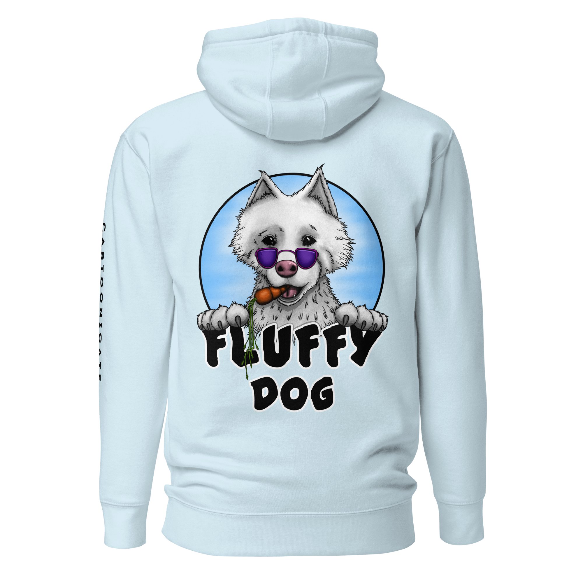 blue hoodie with cute samoyed dog and a carrot