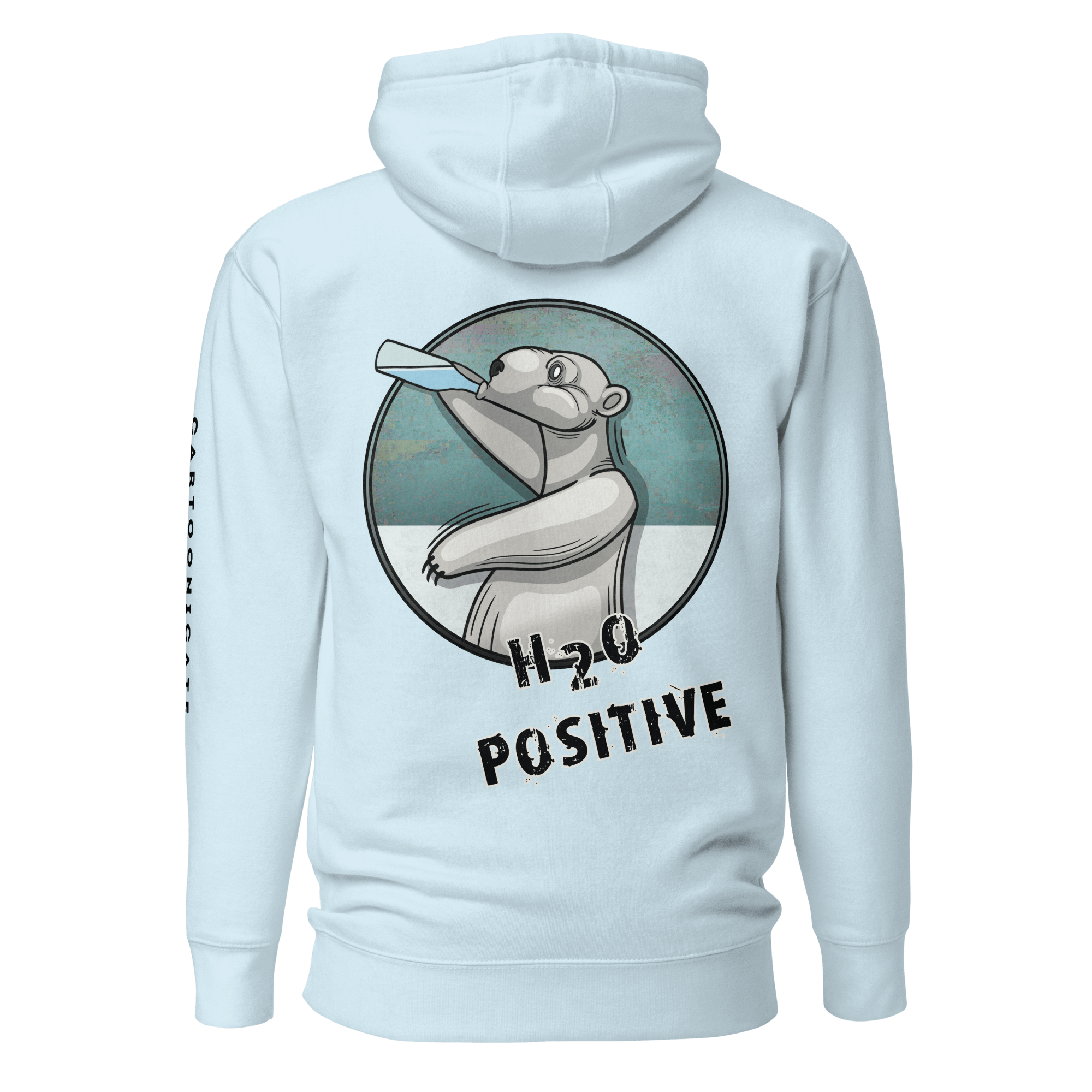 Cartoon ice bear with a bottle on light blue hoodie