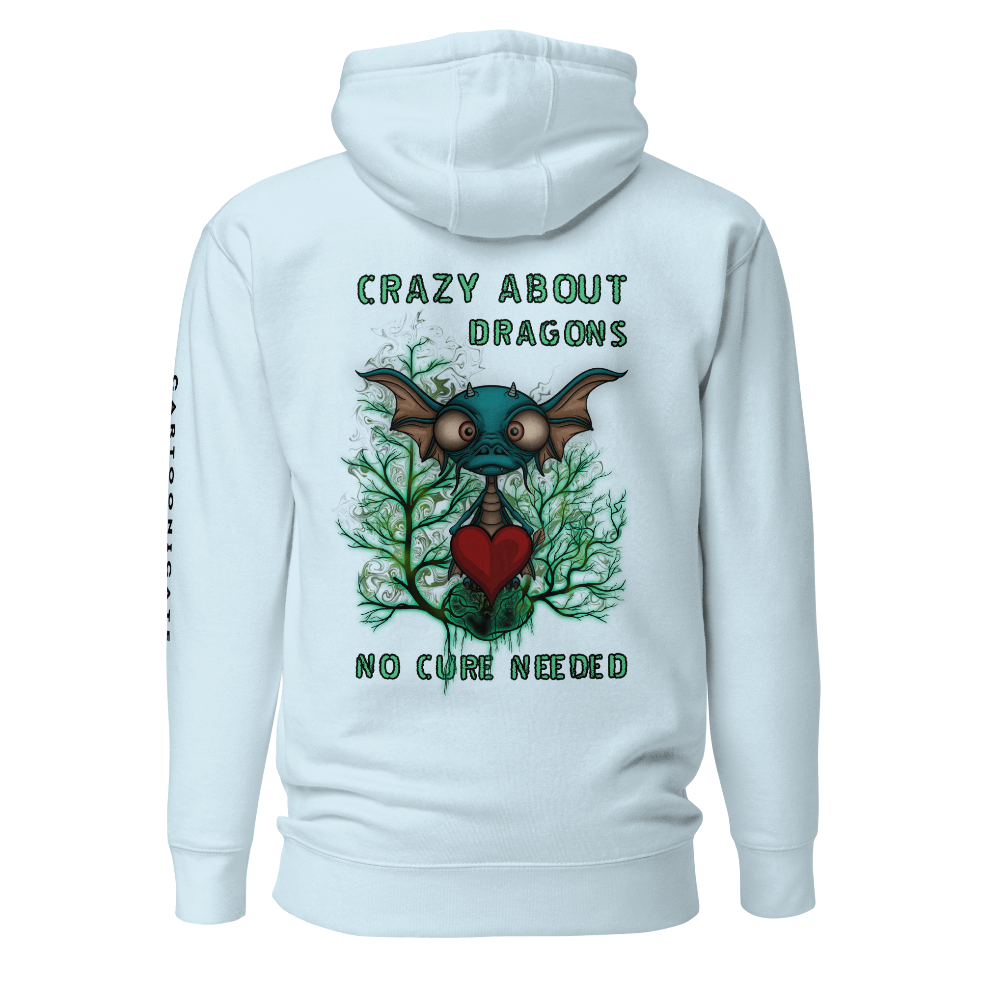 light blue hoodie with a cartoon dragon, heart and fire