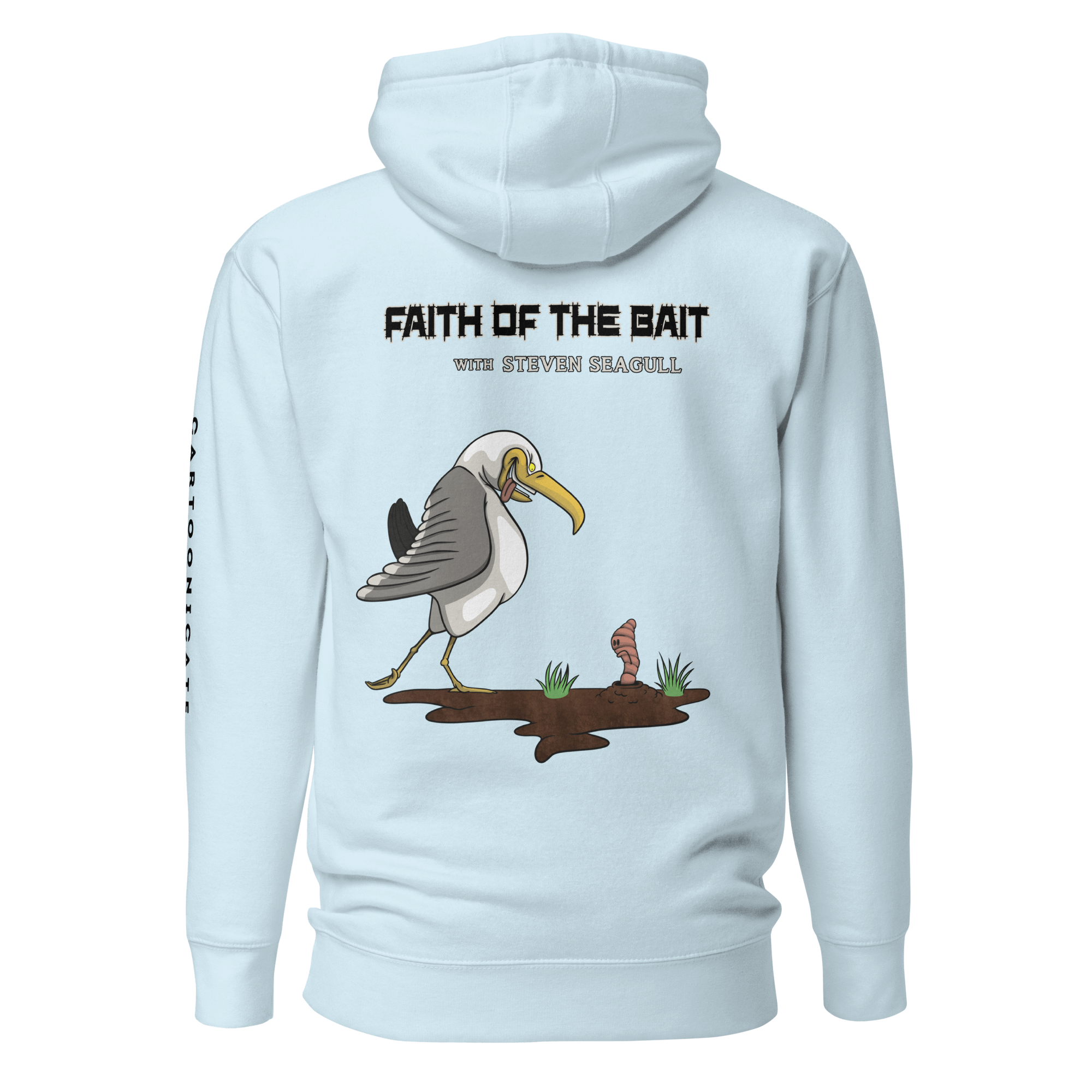 light blue hoodie with a cartoon seagull and a worm