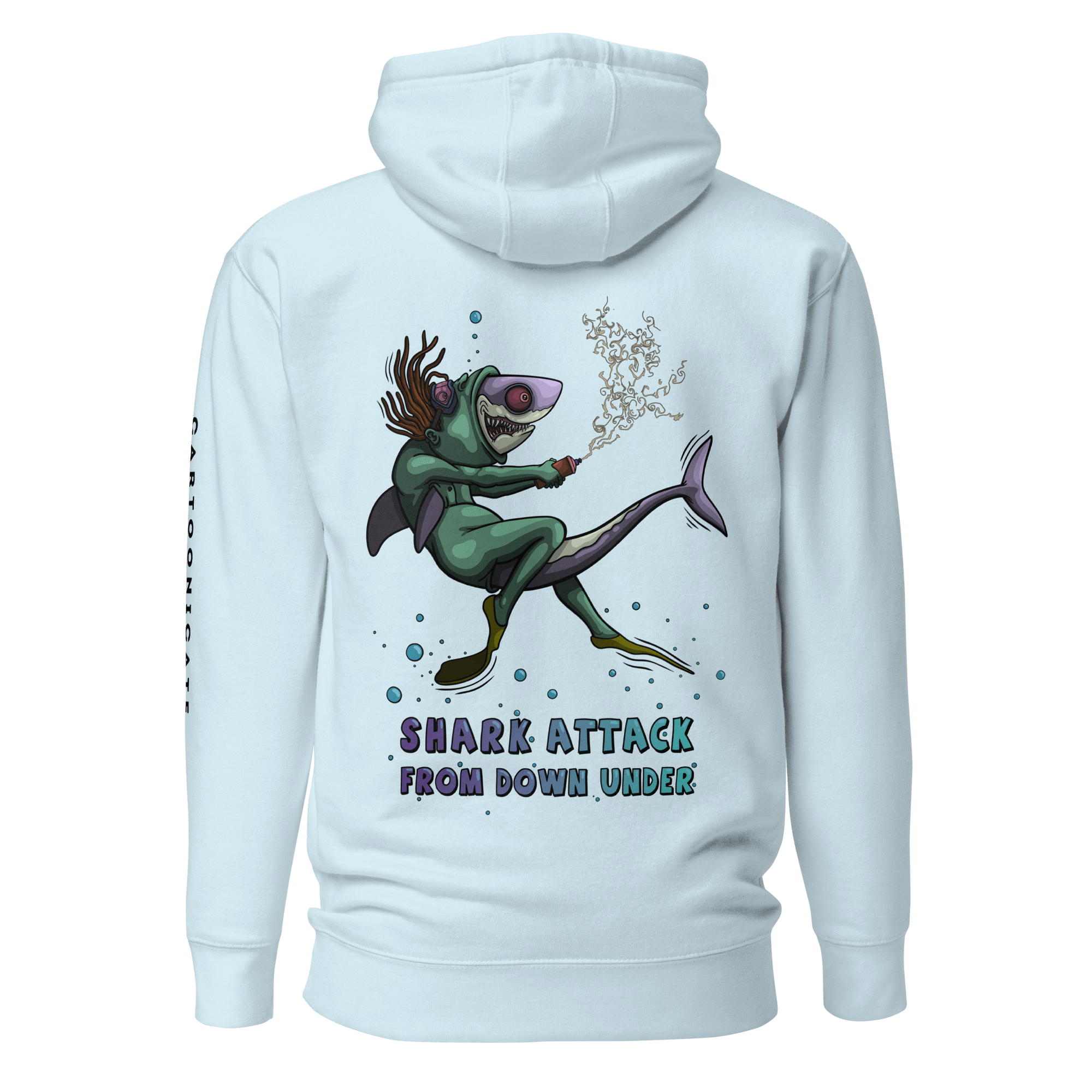 light blue hoodie with cartoon shark attack drawing