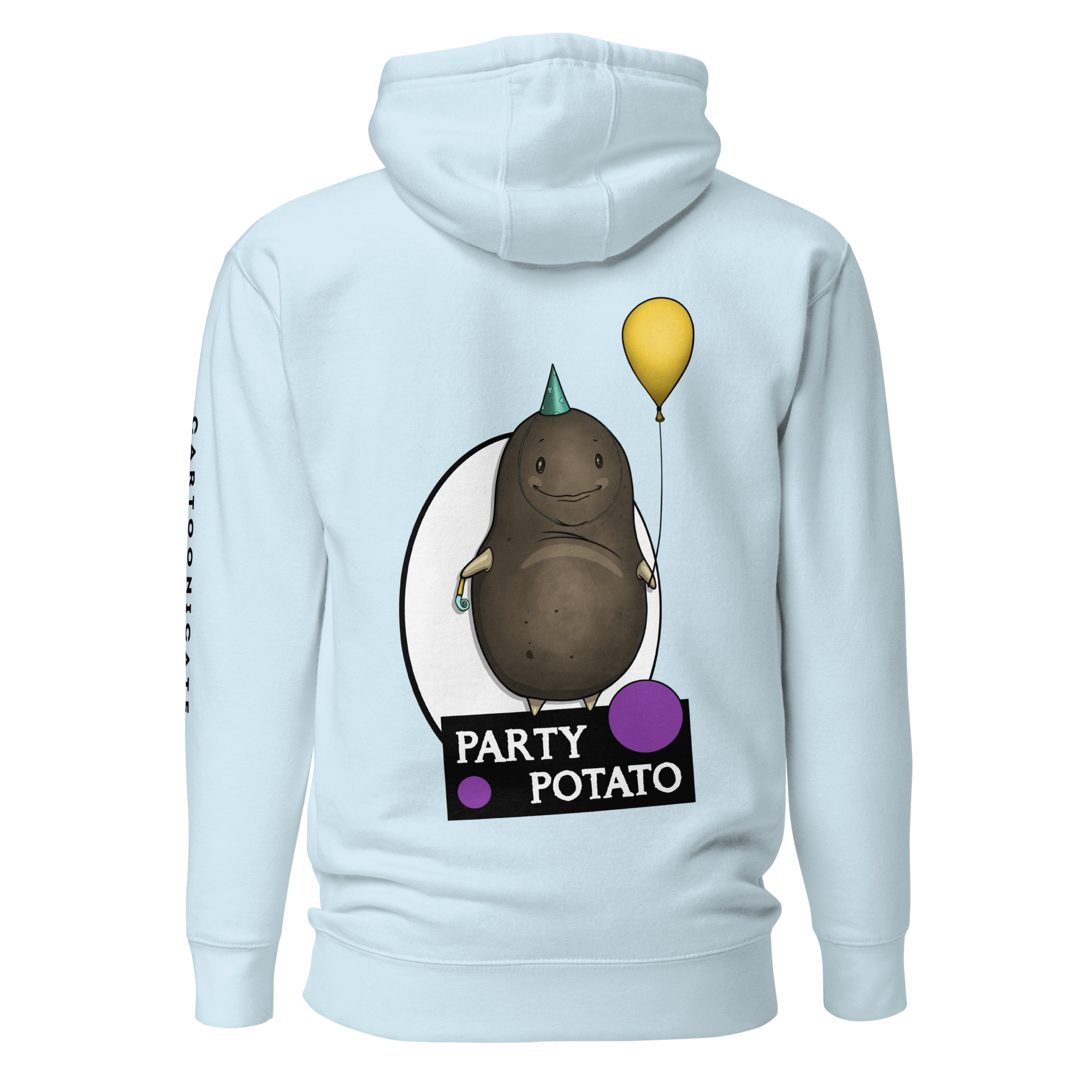 drawing of a potato ready to party on blue hoodie